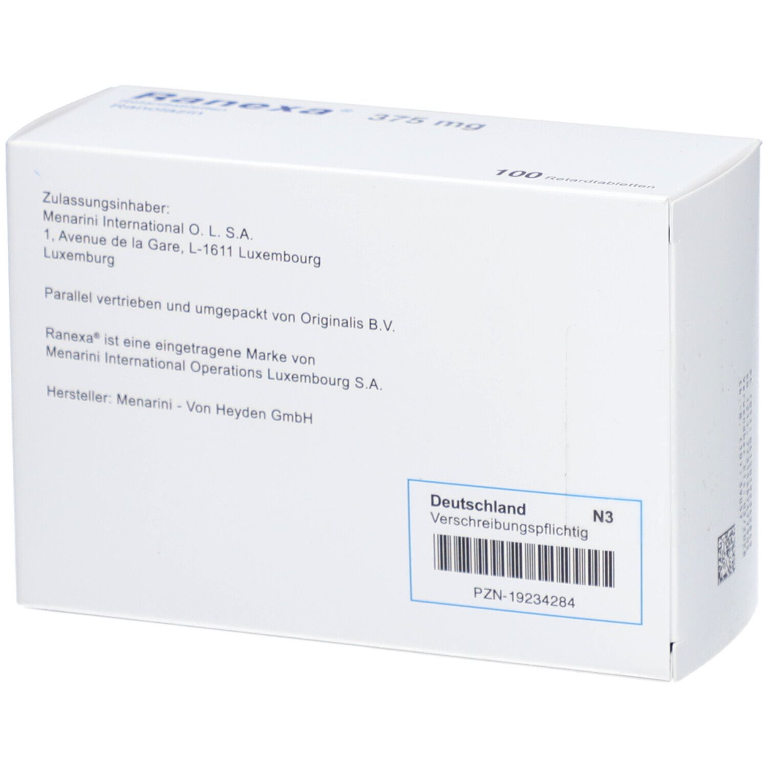 Rückseite der "Ranexa 375 mg Retardtabletten" Schachtel. Enthält Informationen wie Hersteller und Inhaltsstoffe.