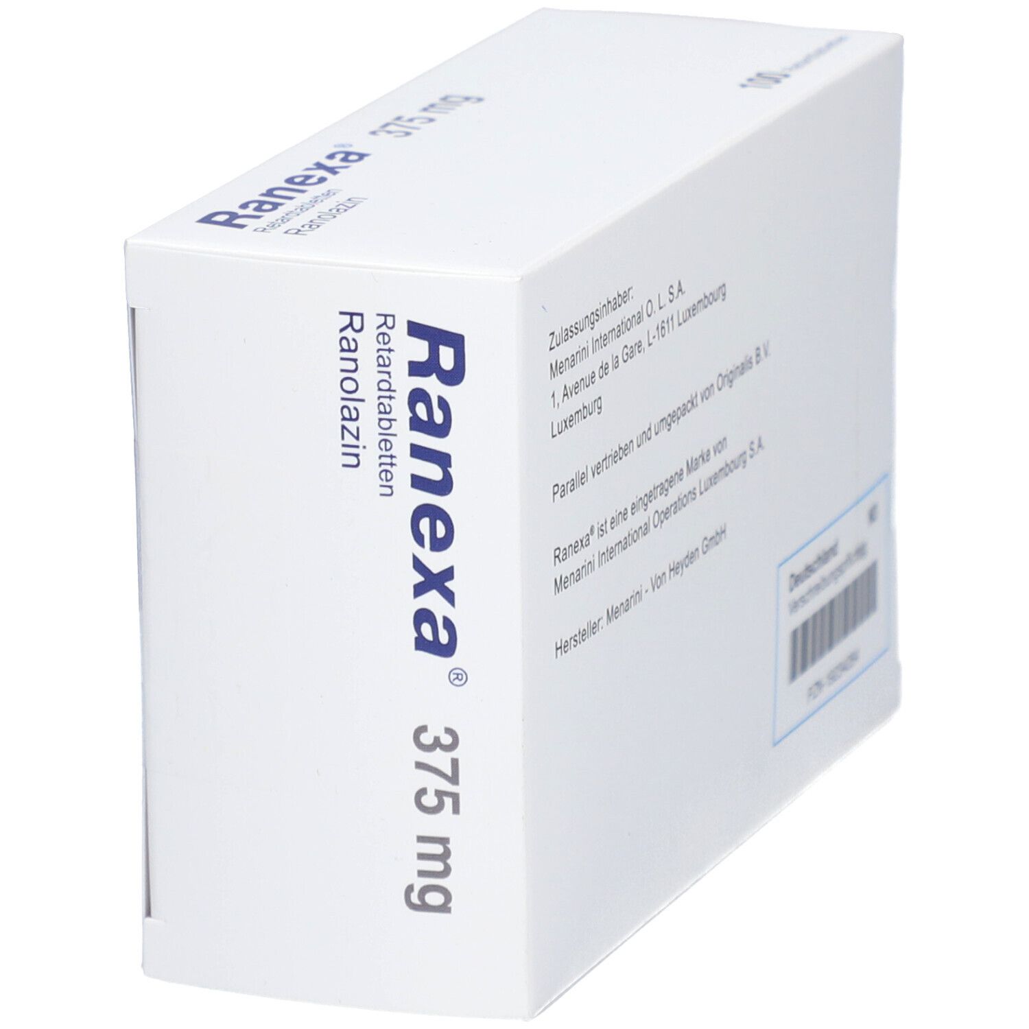 Schachtel "Ranexa 375 mg Retardtabletten". Seitenansicht mit Produktnamen und Dosierung. Weiße Verpackung.