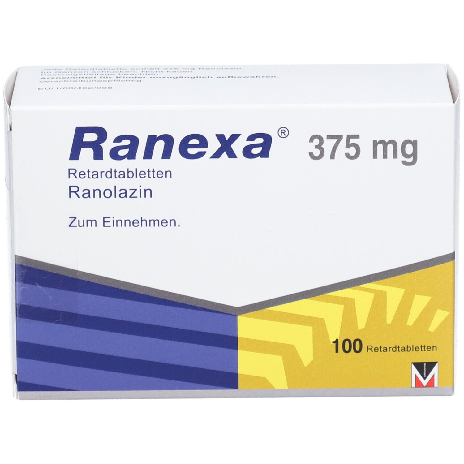 Schachtel "Ranexa 375 mg Retardtabletten". Weiße Verpackung mit blauem und gelbem Design. 100 Tabletten.