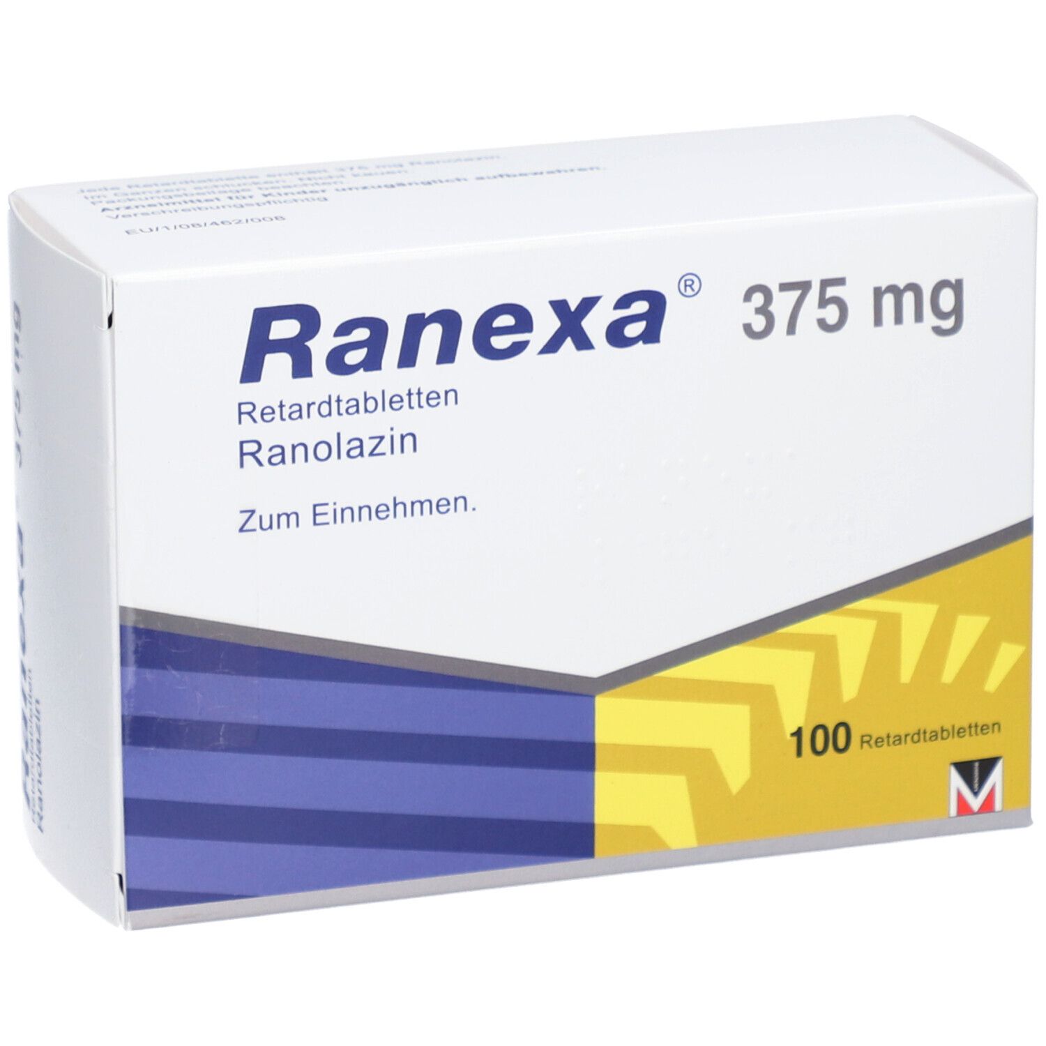 Schachtel "Ranexa 375 mg Retardtabletten". Weiße Verpackung mit blauem und gelbem Design. 100 Tabletten.