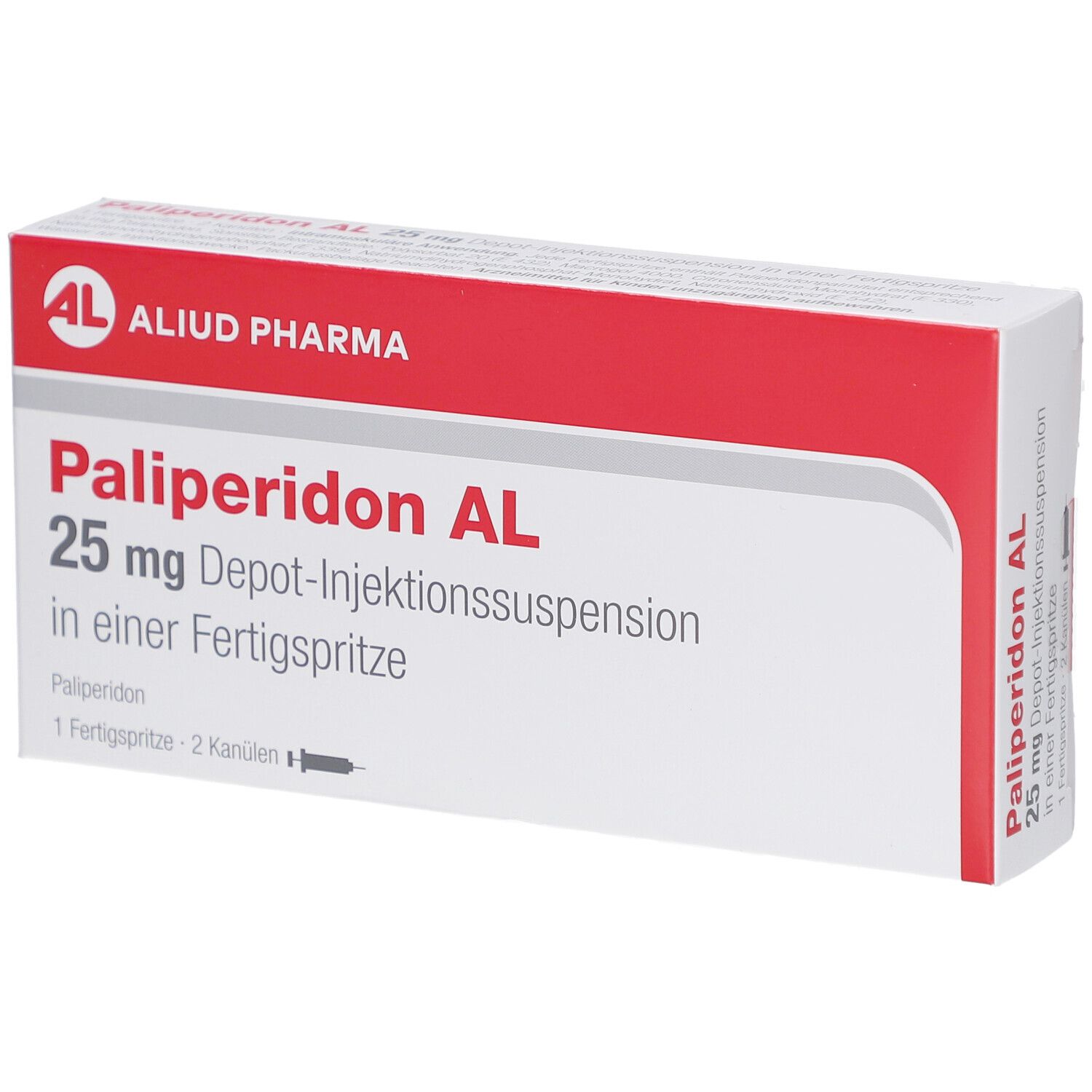 Weiße und rote Medikamentenverpackung. Aufschrift: Paliperidon AL 25 mg Depot-Injektionssuspension. Marke: ALIUD PHARMA.