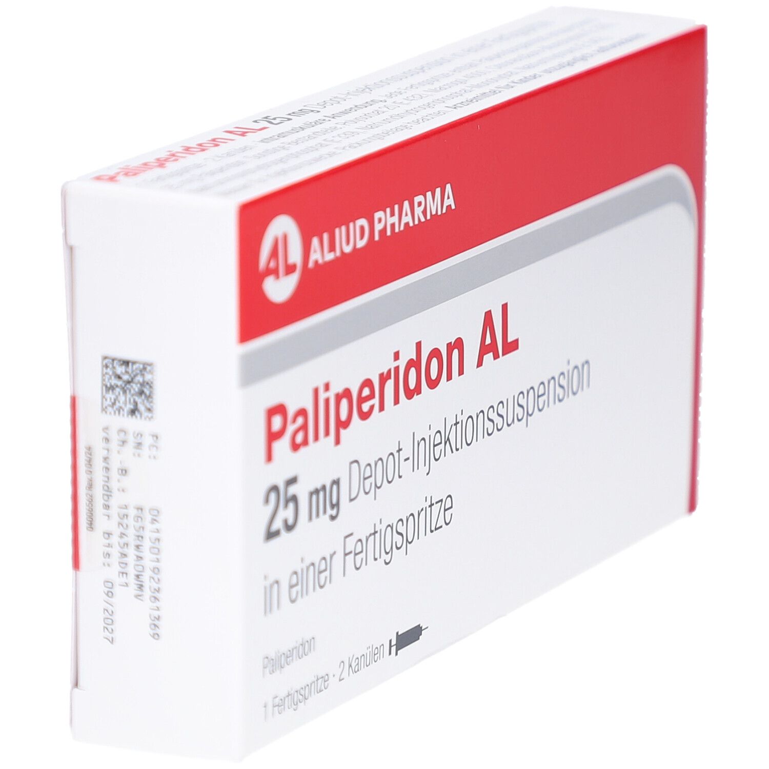 Schräg gestellte Medikamentenverpackung. Aufschrift: Paliperidon AL 25 mg Depot-Injektionssuspension. Marke: ALIUD PHARMA.