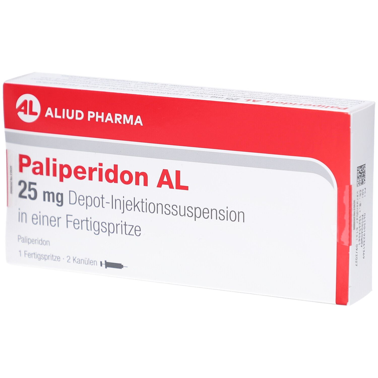 Medikamentenverpackung mit rotem und weißem Design. Aufschrift: Paliperidon AL 25 mg Depot-Injektionssuspension. Marke: ALIUD PHARMA.