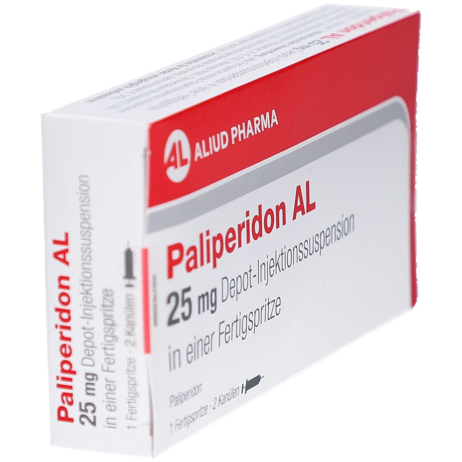 Schräg gestellte Medikamentenverpackung. Aufschrift: Paliperidon AL 25 mg Depot-Injektionssuspension. Marke: ALIUD PHARMA.