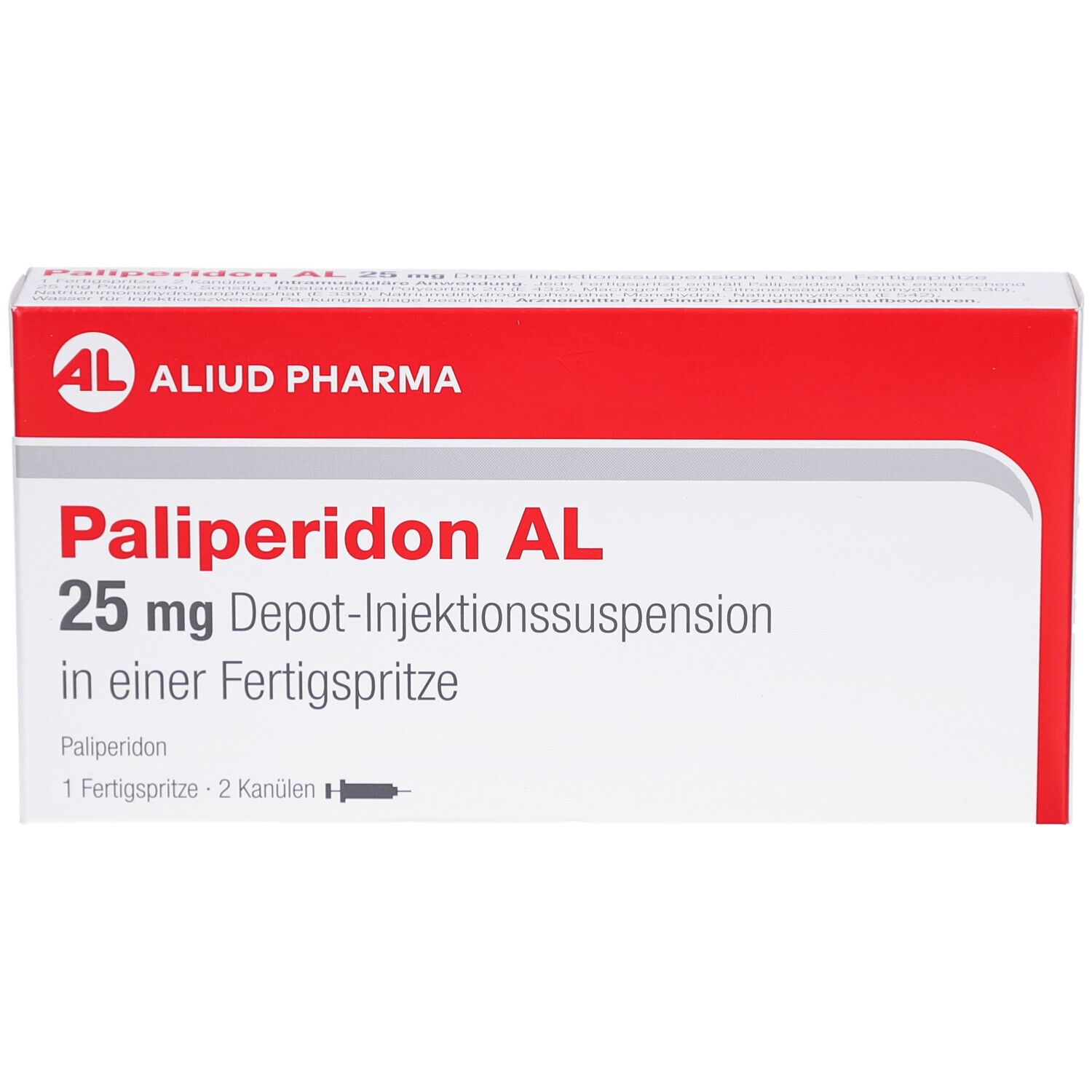 Medikamentenverpackung mit rotem und weißem Design. Aufschrift: Paliperidon AL 25 mg Depot-Injektionssuspension. Marke: ALIUD PHARMA.