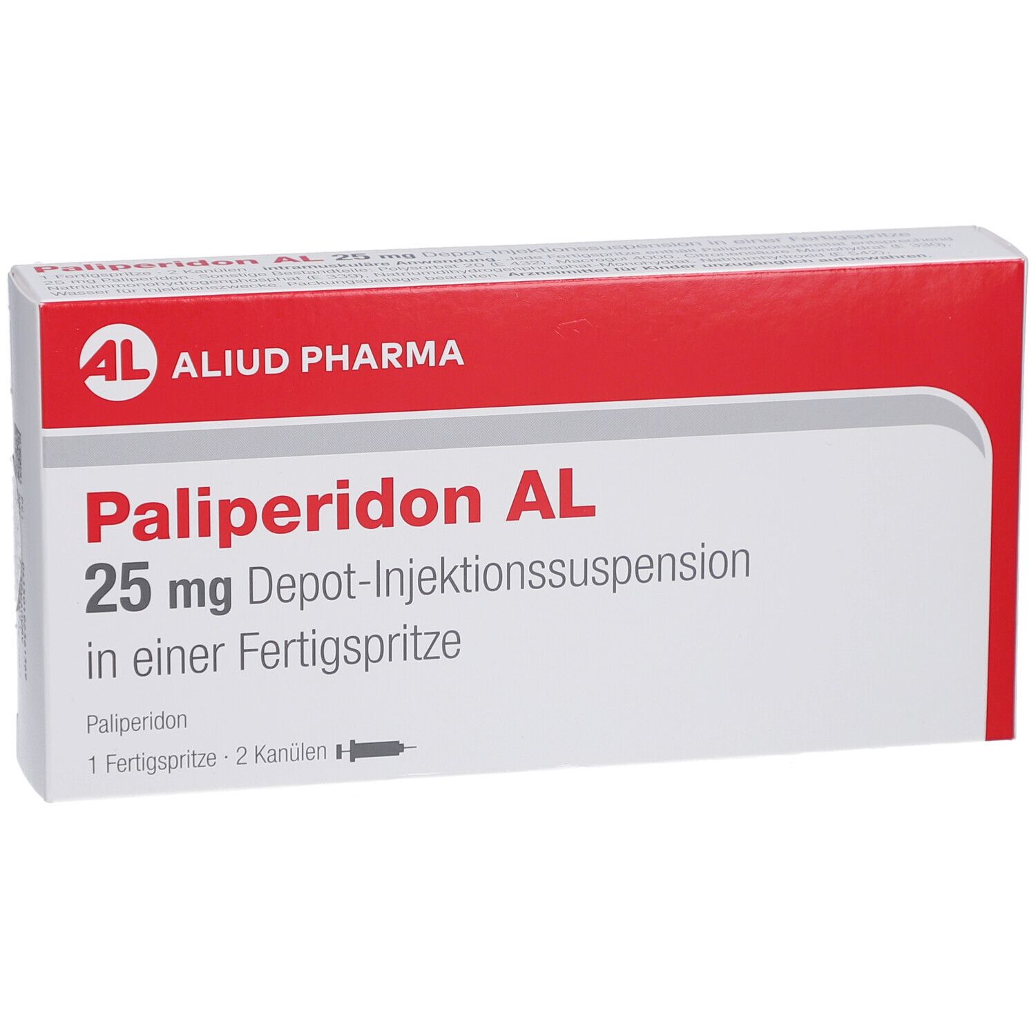 Medikamentenverpackung mit rotem und weißem Design. Aufschrift: Paliperidon AL 25 mg Depot-Injektionssuspension. Marke: ALIUD PHARMA.