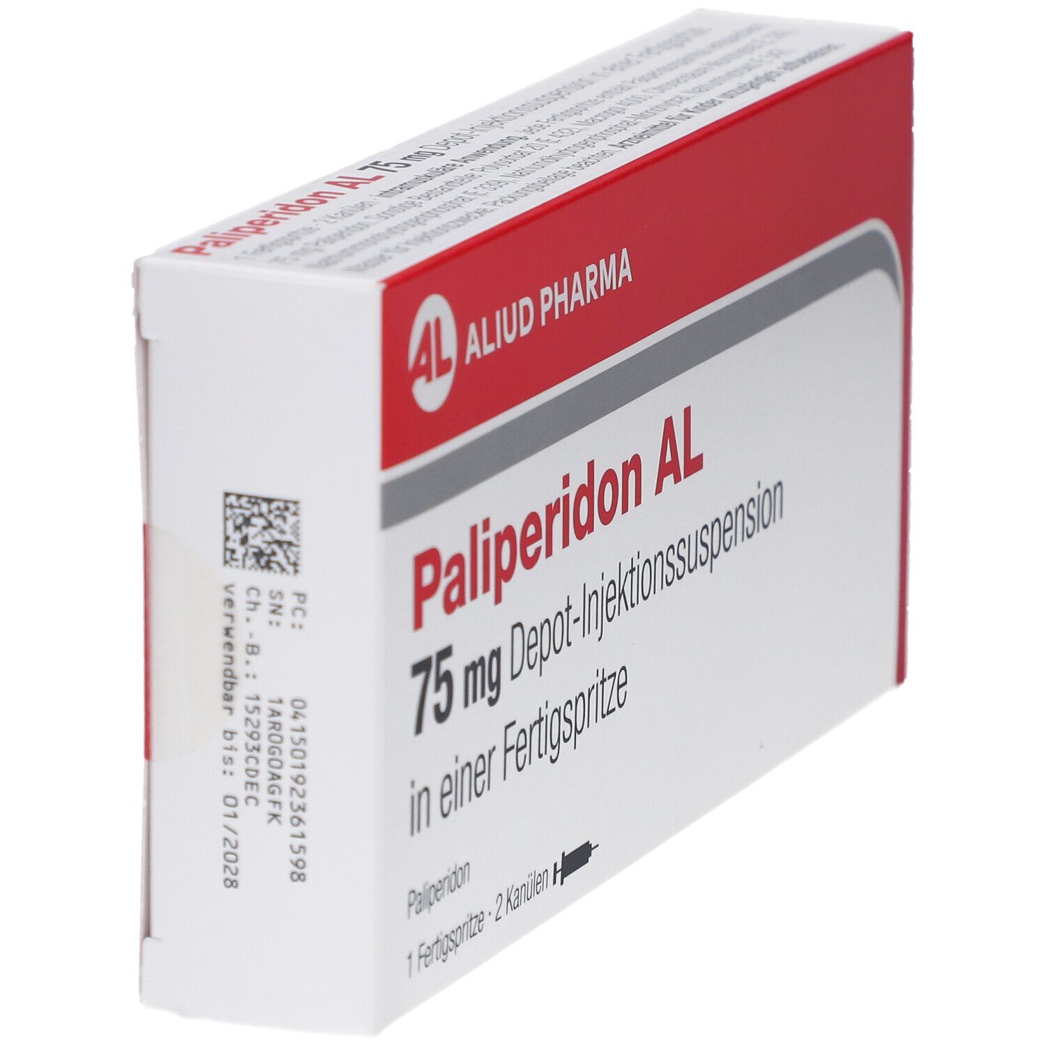 Schachtel Palipéridon AL 75 mg, rote und weiße Verpackung. Details zur Dosierung und Hersteller.
