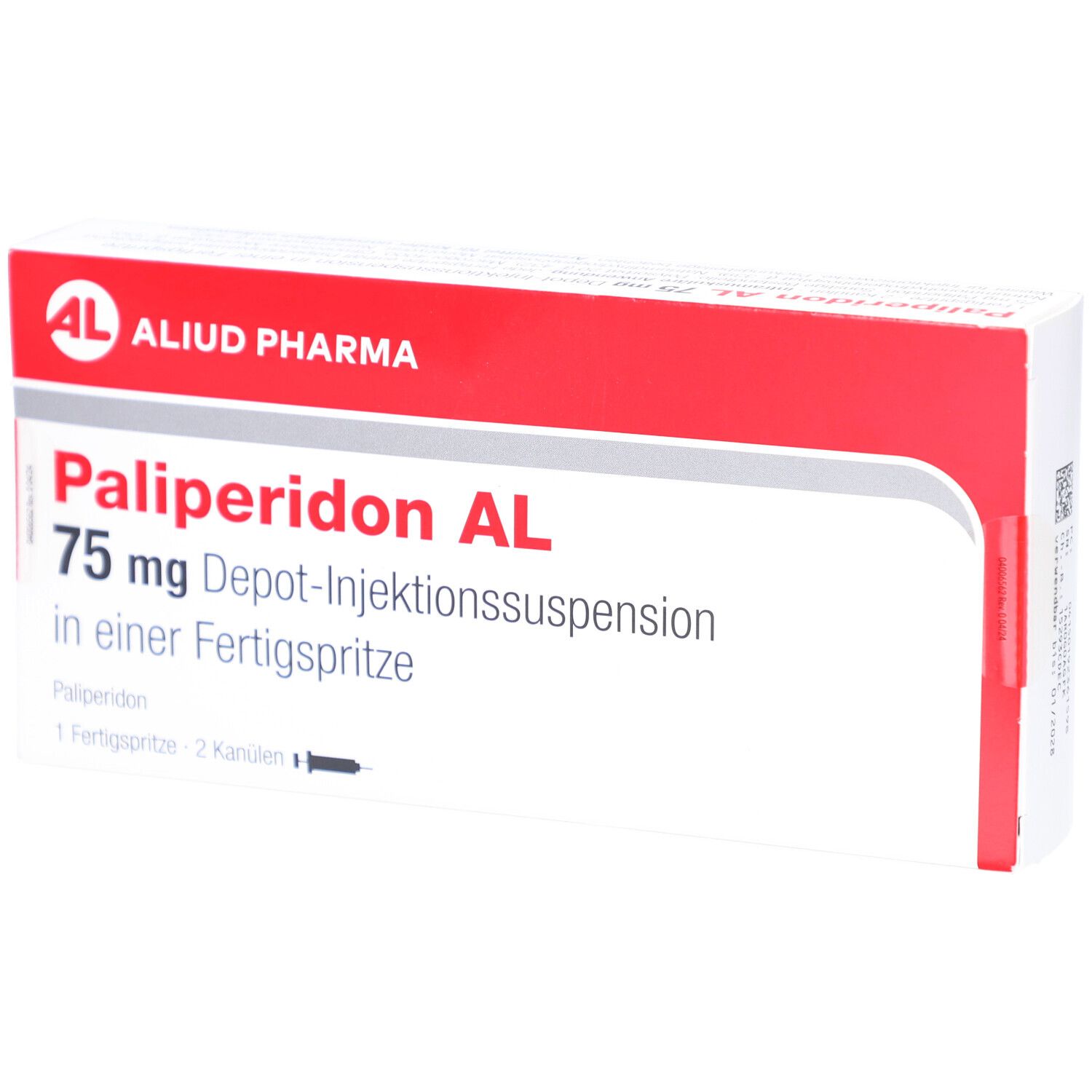 Verpackung von Palipéridon AL 75 mg. Rote und weiße Schachtel mit Produktnamen und Dosierung.