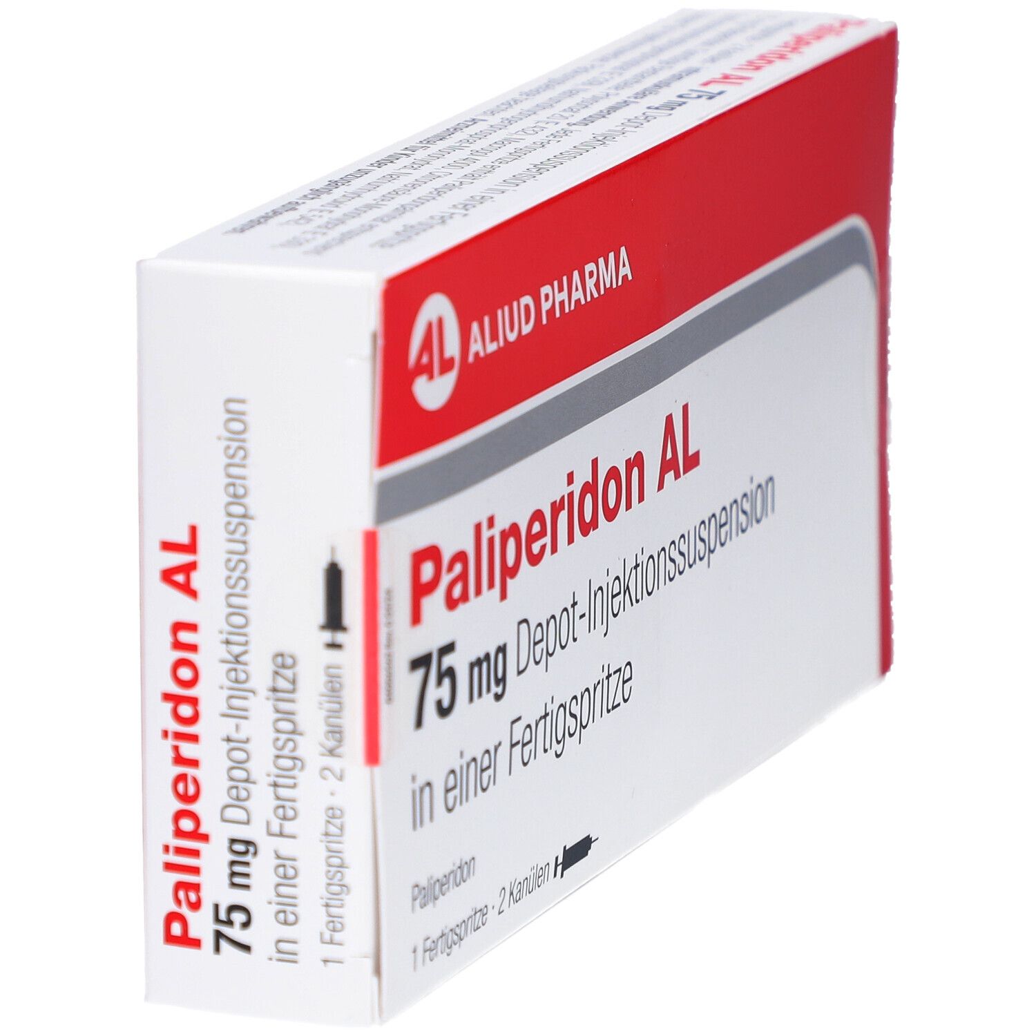 Schachtel Palipéridon AL 75 mg, rote und weiße Verpackung. Details zur Dosierung und Hersteller.