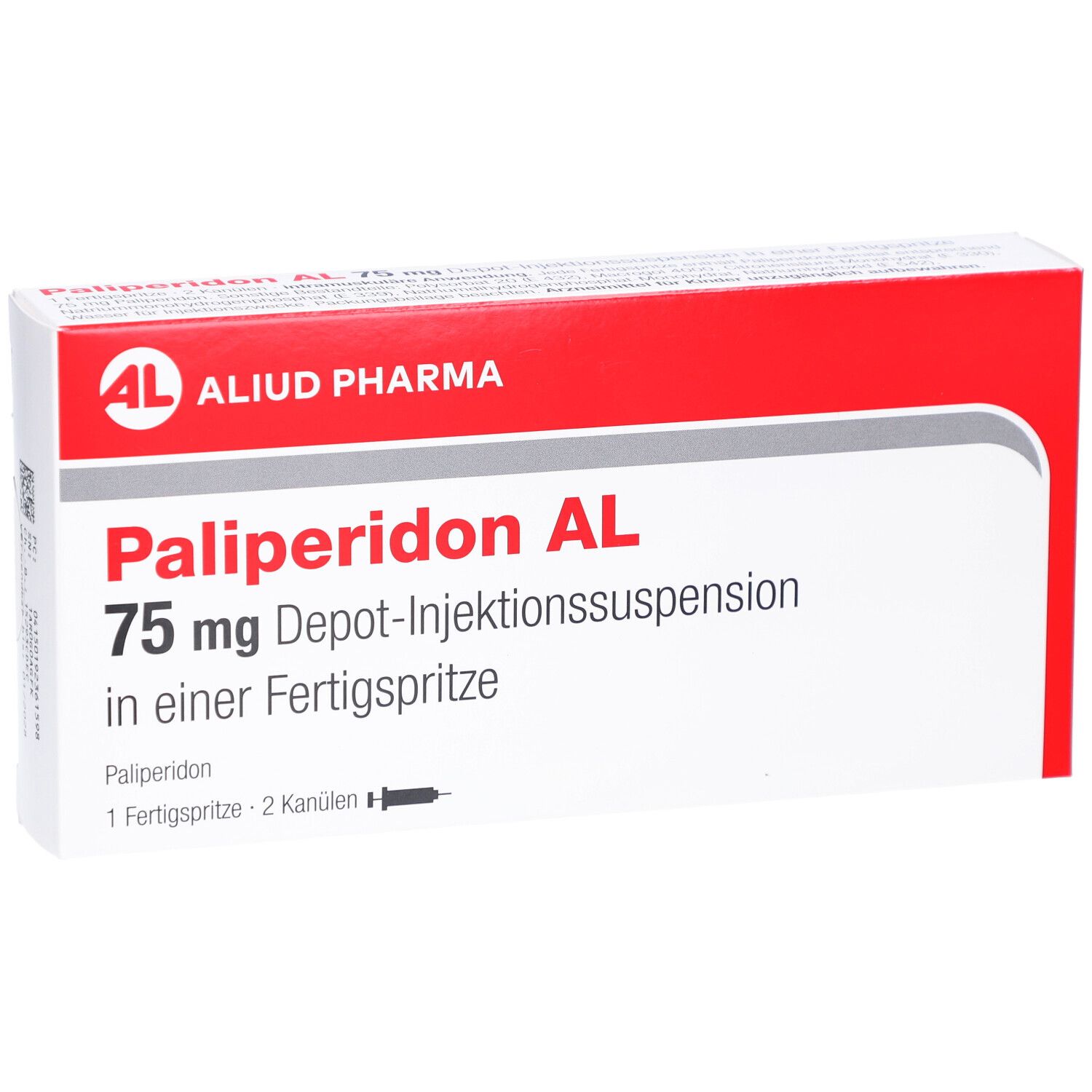 Verpackung von Palipéridon AL 75 mg. Rote und weiße Schachtel mit Produktnamen und Dosierung.