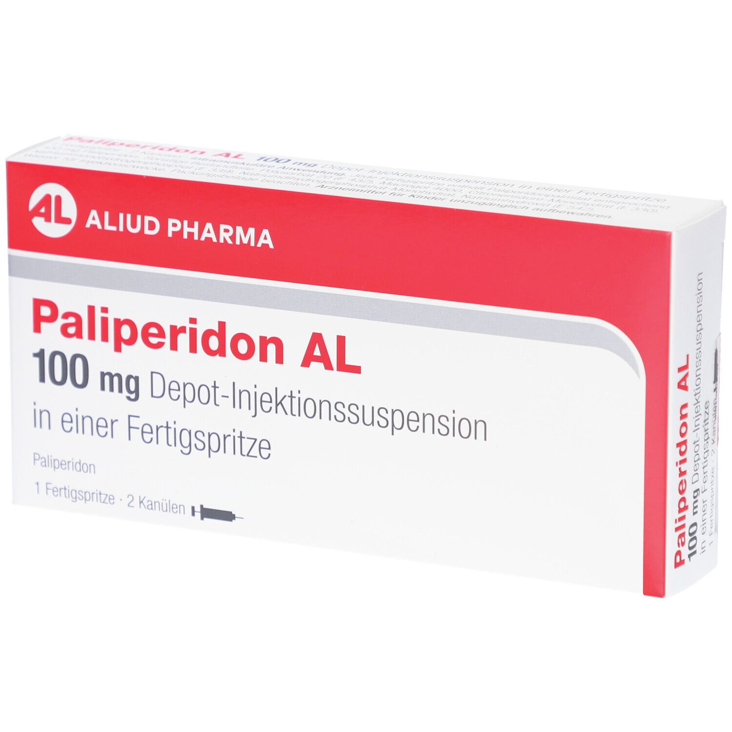Verpackung von Palipéridon AL 100 mg Depot-Injektionssuspension. Rote und weiße Schachtel mit Produktnamen und Logo.