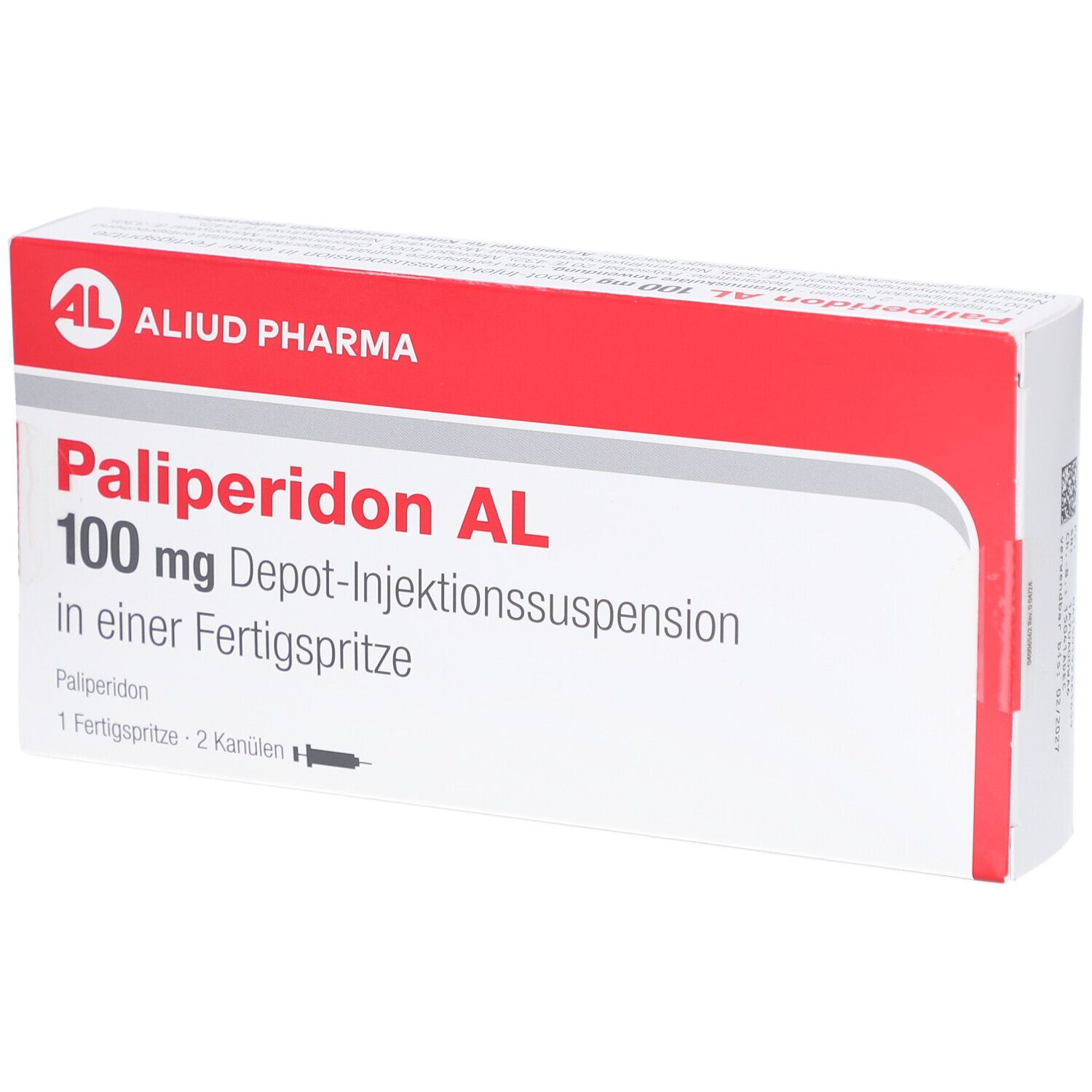 Verpackung von Palipéridon AL 100 mg Depot-Injektionssuspension. Rote und weiße Schachtel mit Produktnamen und Logo.