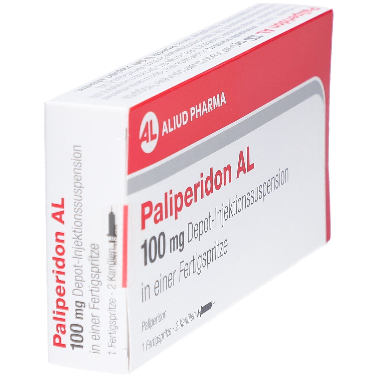 Verpackung von Palipéridon AL 100 mg Depot-Injektionssuspension. Rote und weiße Schachtel, Detailansicht.