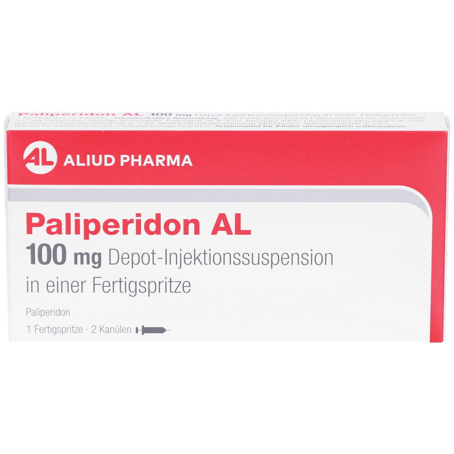 Verpackung von Palipéridon AL 100 mg Depot-Injektionssuspension. Rote und weiße Schachtel mit Produktnamen und Logo.