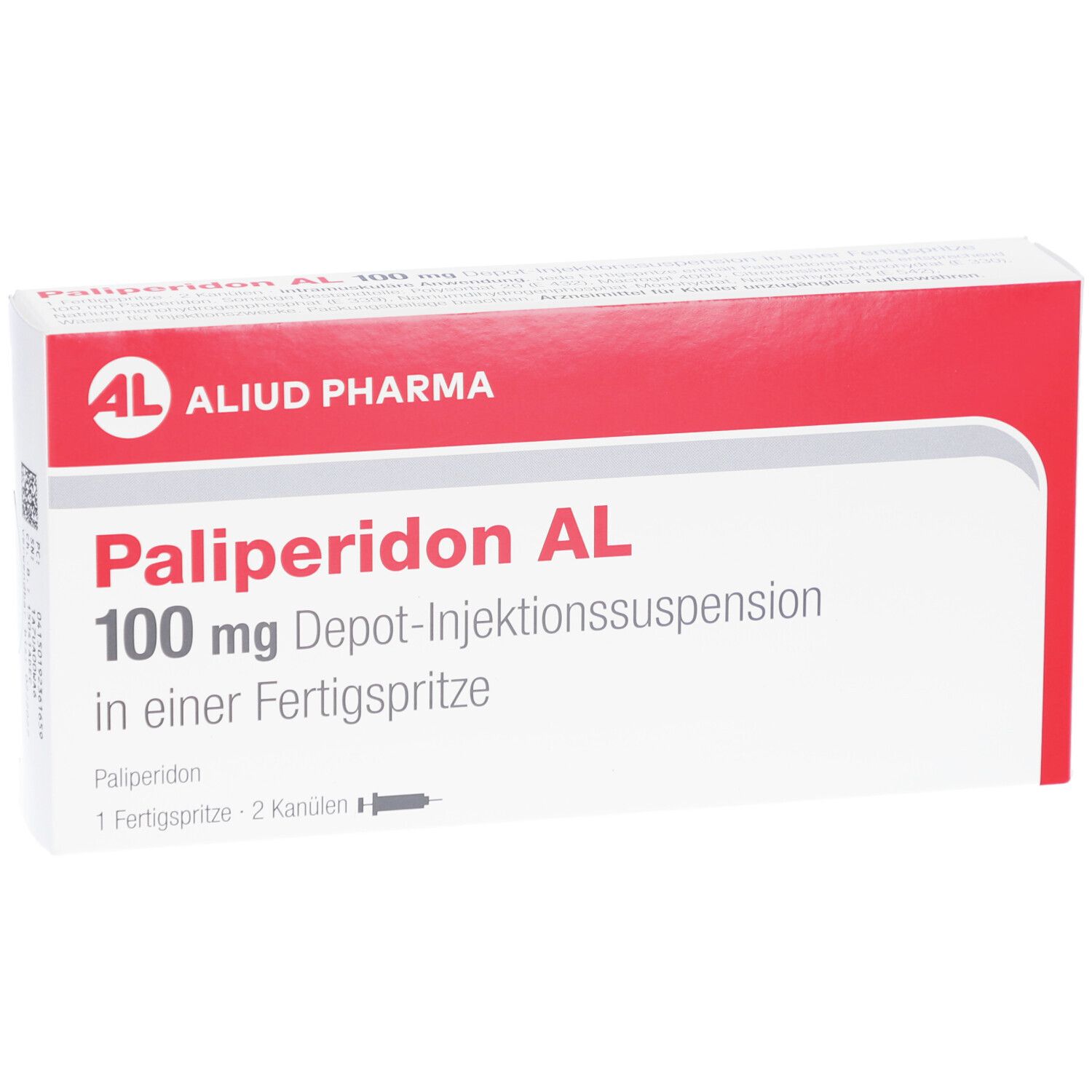 Verpackung von Palipéridon AL 100 mg Depot-Injektionssuspension. Rote und weiße Schachtel mit Produktnamen und Logo.