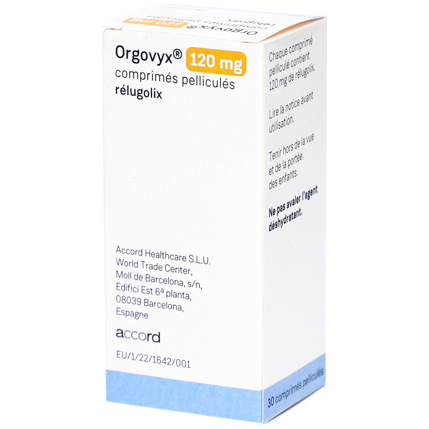 Schachtel mit ORGOVYX 120 mg Filmtabletten. Aufschrift: 30 comprimés pelliculés. Accord-Logo.
