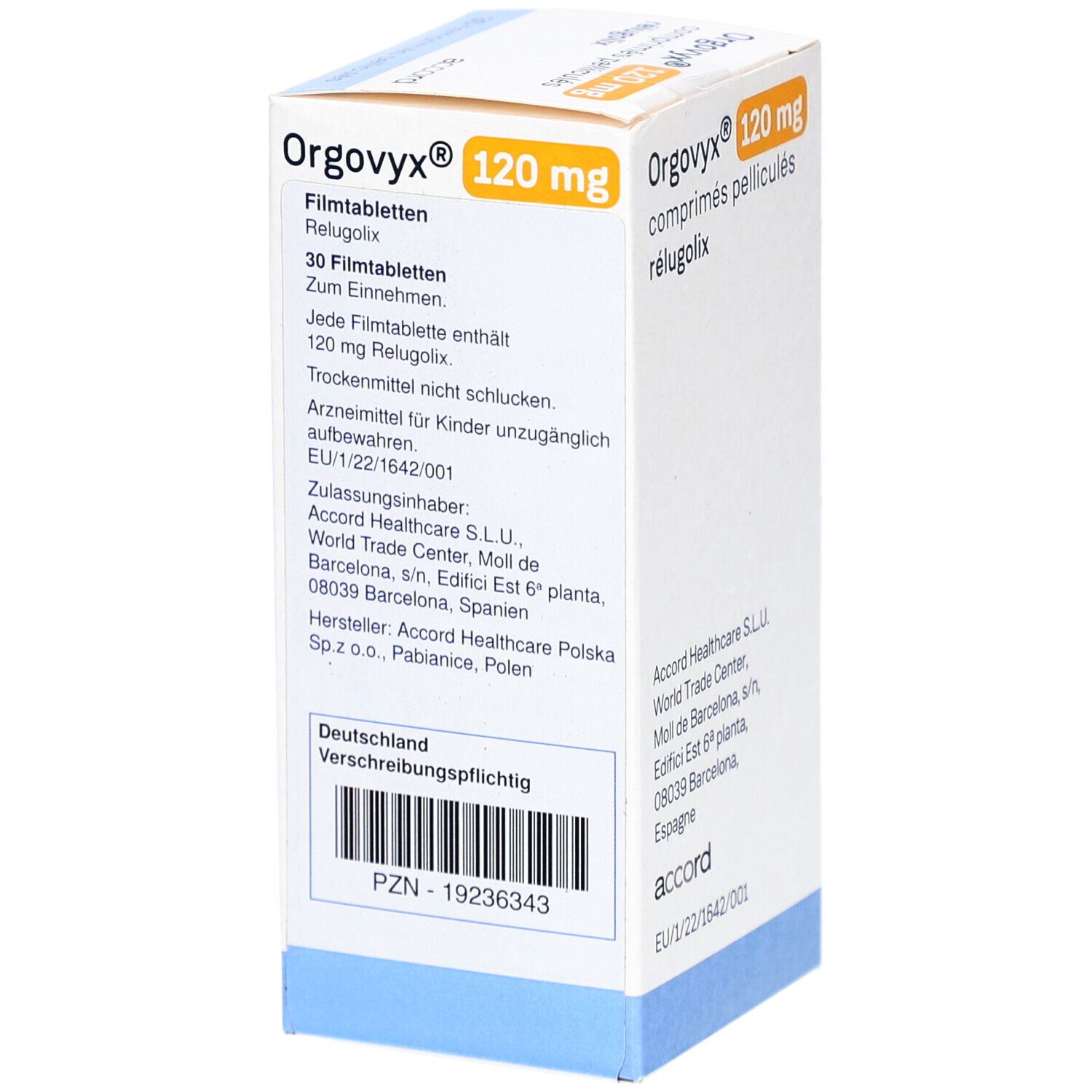 Schachtel mit ORGOVYX 120 mg Filmtabletten. Aufschrift: 30 Filmtabletten. PZN-Code. Accord-Logo.