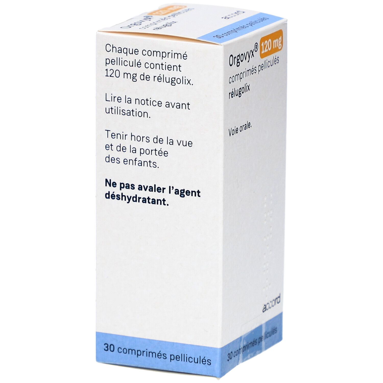 Schachtel mit ORGOVYX 120 mg Filmtabletten. Aufschrift: 30 comprimés pelliculés. Accord-Logo.
