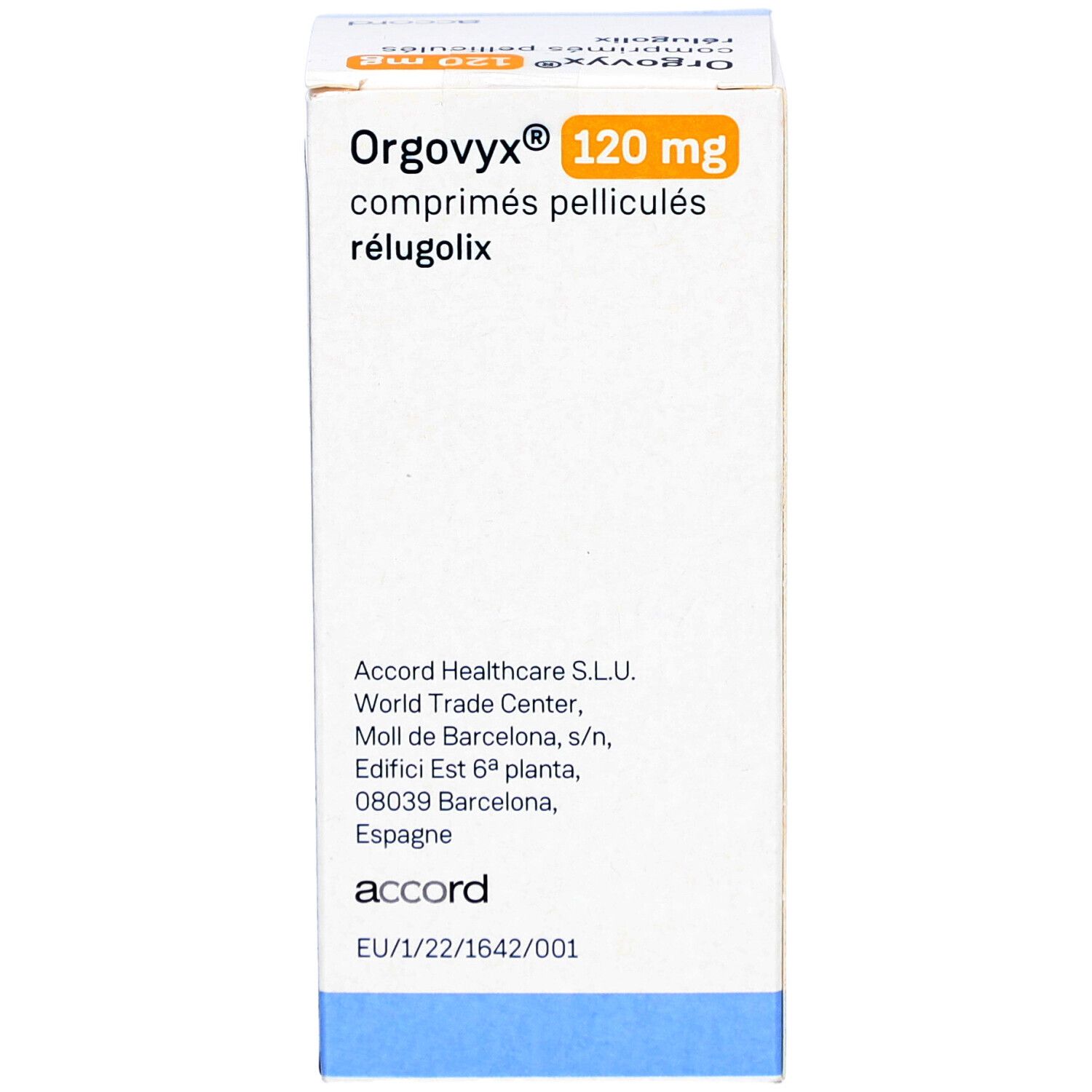 Schachtel mit ORGOVYX 120 mg Filmtabletten. Accord-Logo. Aufschrift: EU/1/22/1642/001.