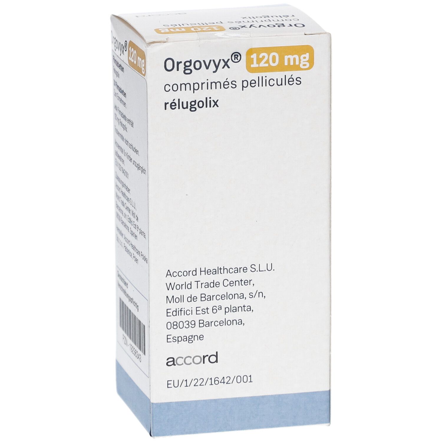 Schachtel mit ORGOVYX 120 mg Filmtabletten. Accord-Logo. Aufschrift: EU/1/22/1642/001.