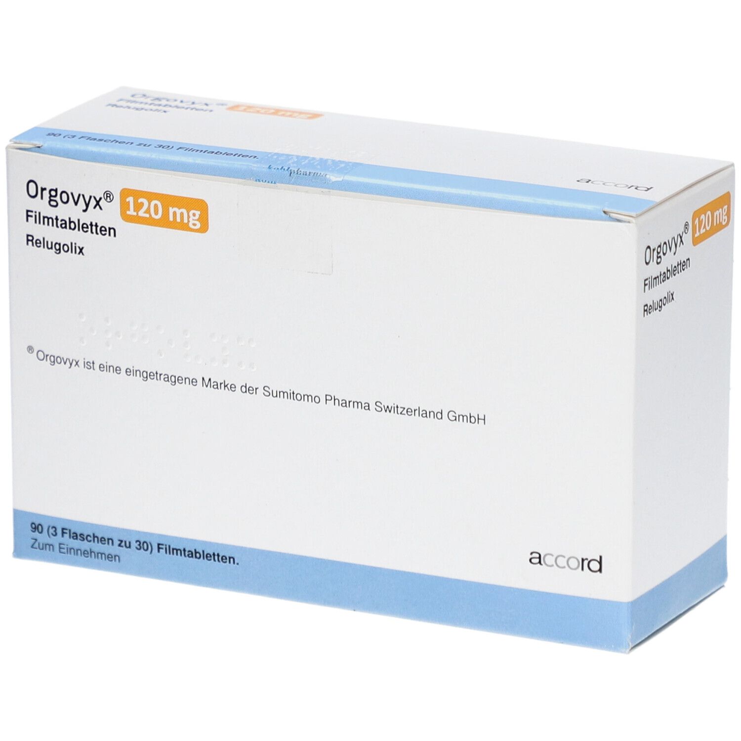Weiße Kartonverpackung mit blauen Akzenten. Aufschrift: Orgovyx 120 mg Filmtabletten. Enthält 90 Filmtabletten.