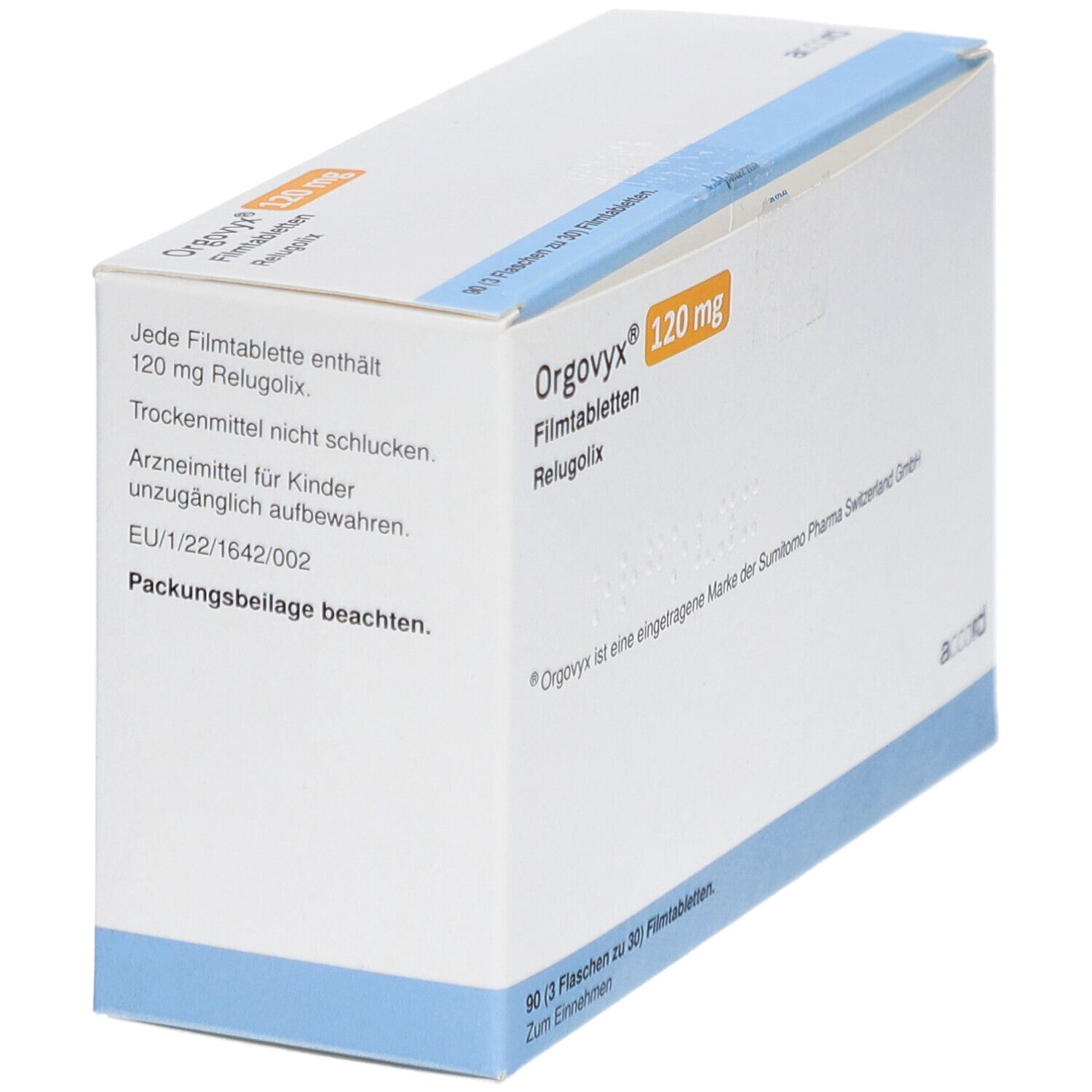 Weiße Kartonverpackung mit blauen Akzenten. Aufschrift: Orgovyx 120 mg Filmtabletten. Enthält 90 Filmtabletten. Text auf Deutsch.