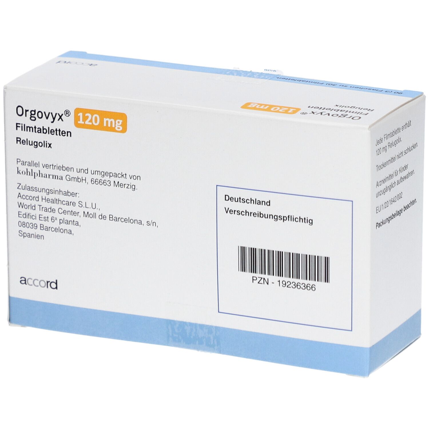 Kartonverpackung mit Aufschrift: Orgovyx 120 mg Filmtabletten. Enthält 90 Filmtabletten. Barcode und Text auf Deutsch.