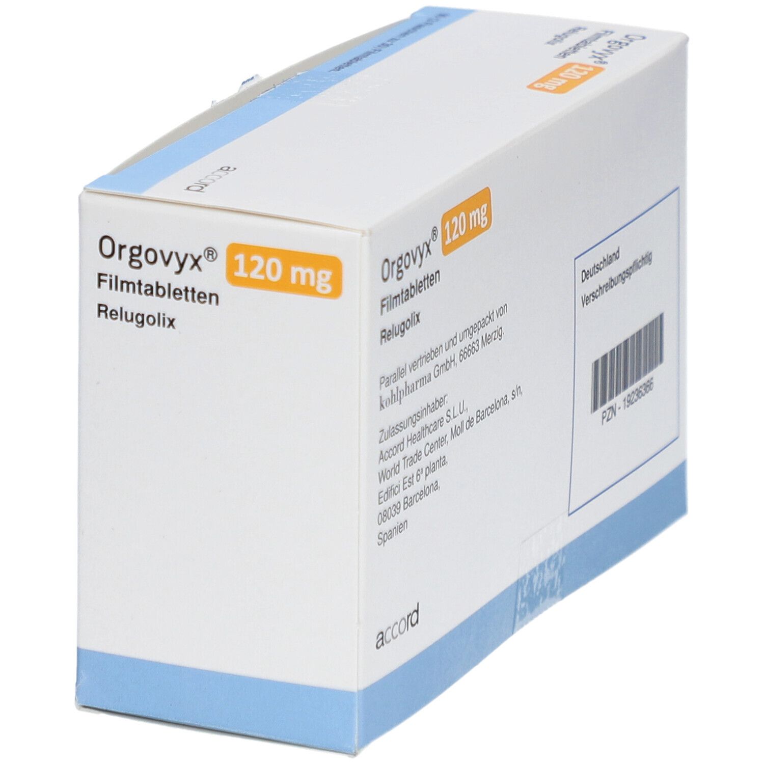 Kartonverpackung mit Aufschrift: Orgovyx 120 mg Filmtabletten. Enthält 90 Filmtabletten. Barcode und Text auf Deutsch.