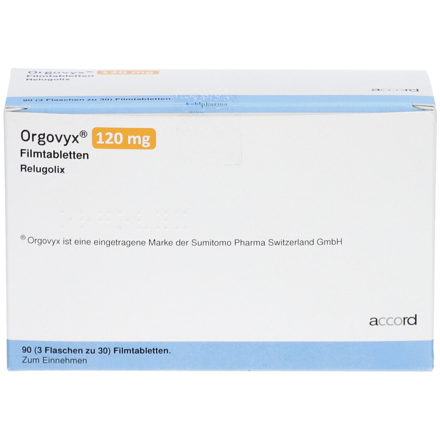 Weiße Kartonverpackung mit blauen Akzenten. Aufschrift: Orgovyx 120 mg Filmtabletten. Enthält 90 Filmtabletten.