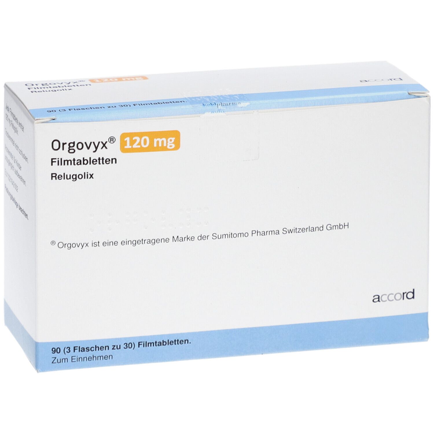 Weiße Kartonverpackung mit blauen Akzenten. Aufschrift: Orgovyx 120 mg Filmtabletten. Enthält 90 Filmtabletten.