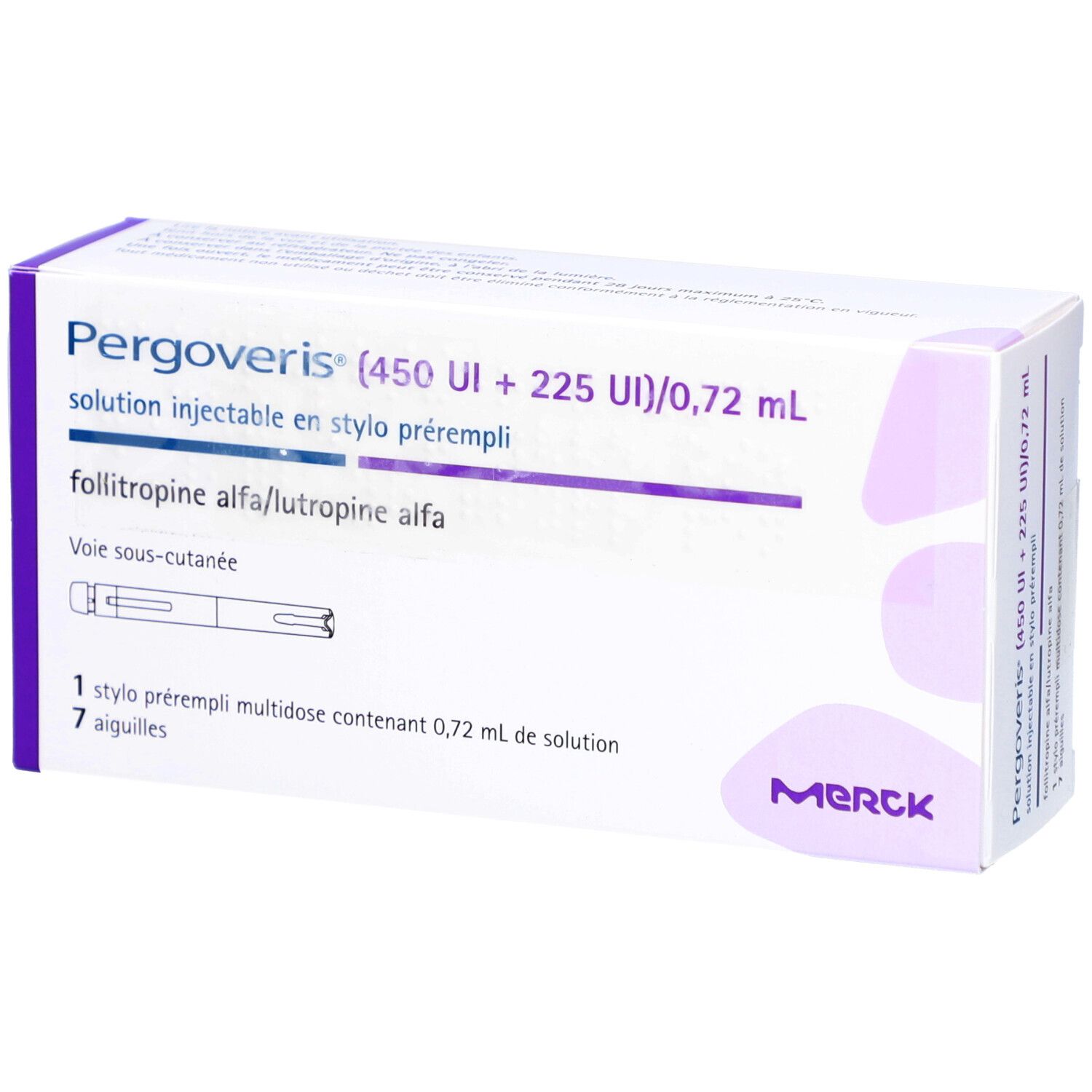 Schachtel mit PERGOVERIS. Enthält 7 Injektionsnadeln und einen Fertigpen. Aufschrift: 450 IE + 225 IE/0,72 ml.