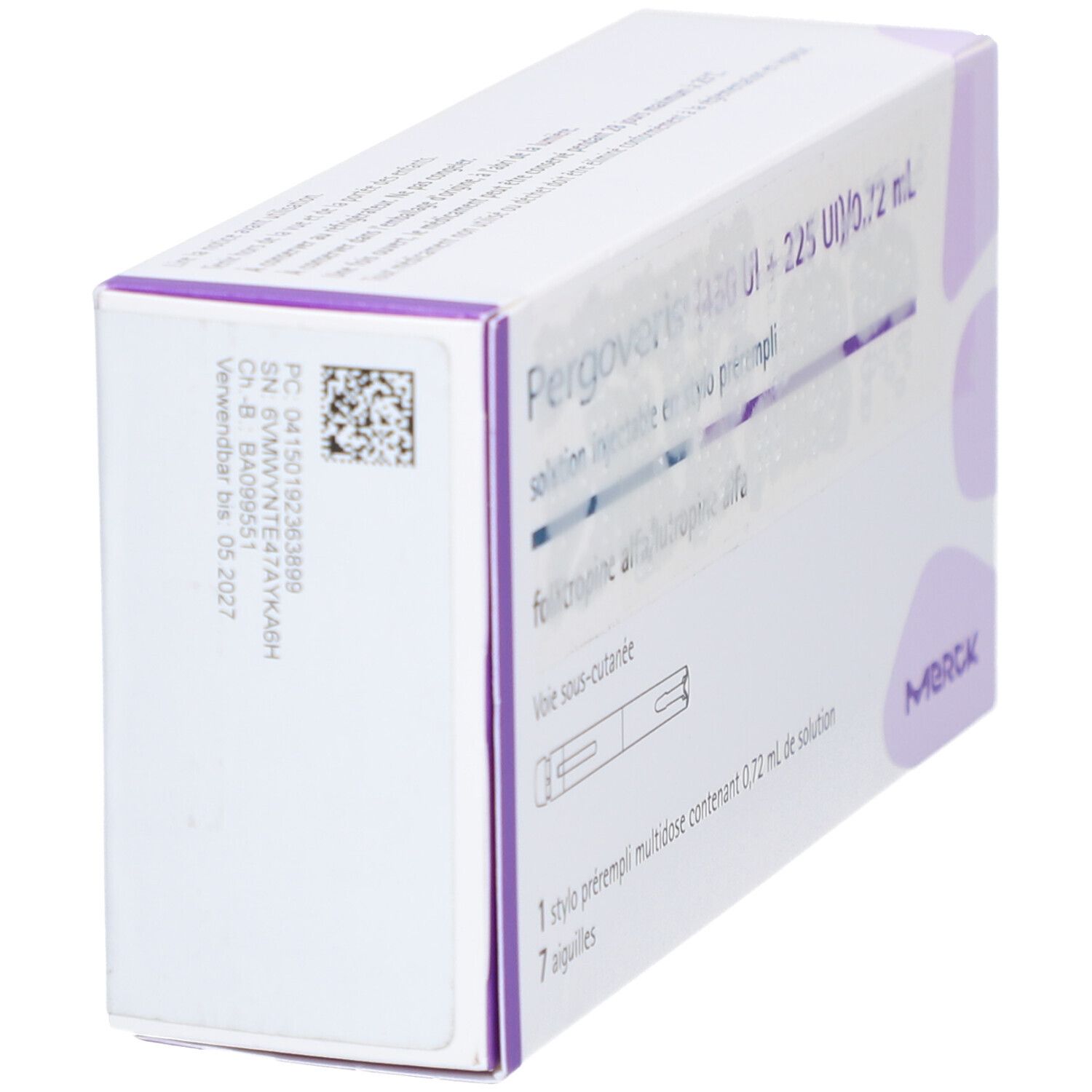 Schachtel PERGOVERIS, weiß mit lila Akzenten. Aufschrift: 450 IE + 225 IE/0,72 ml. Merck-Logo. QR-Code und Chargennummer.