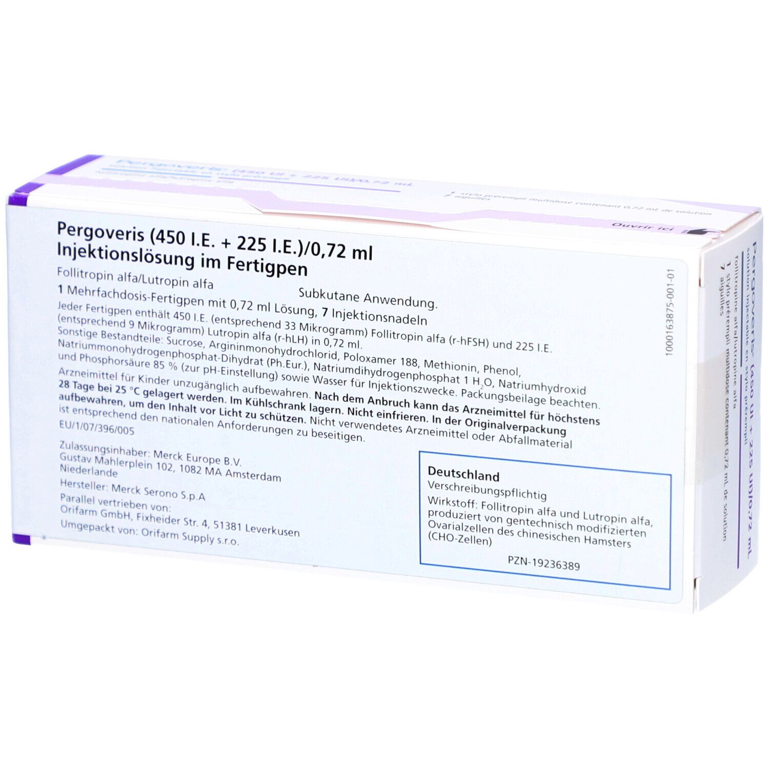 Rückseite der PERGOVERIS-Schachtel. Enthält Informationen und Inhaltsstoffe. Aufschrift: 450 IE + 225 IE/0,72 ml. Merck-Logo.