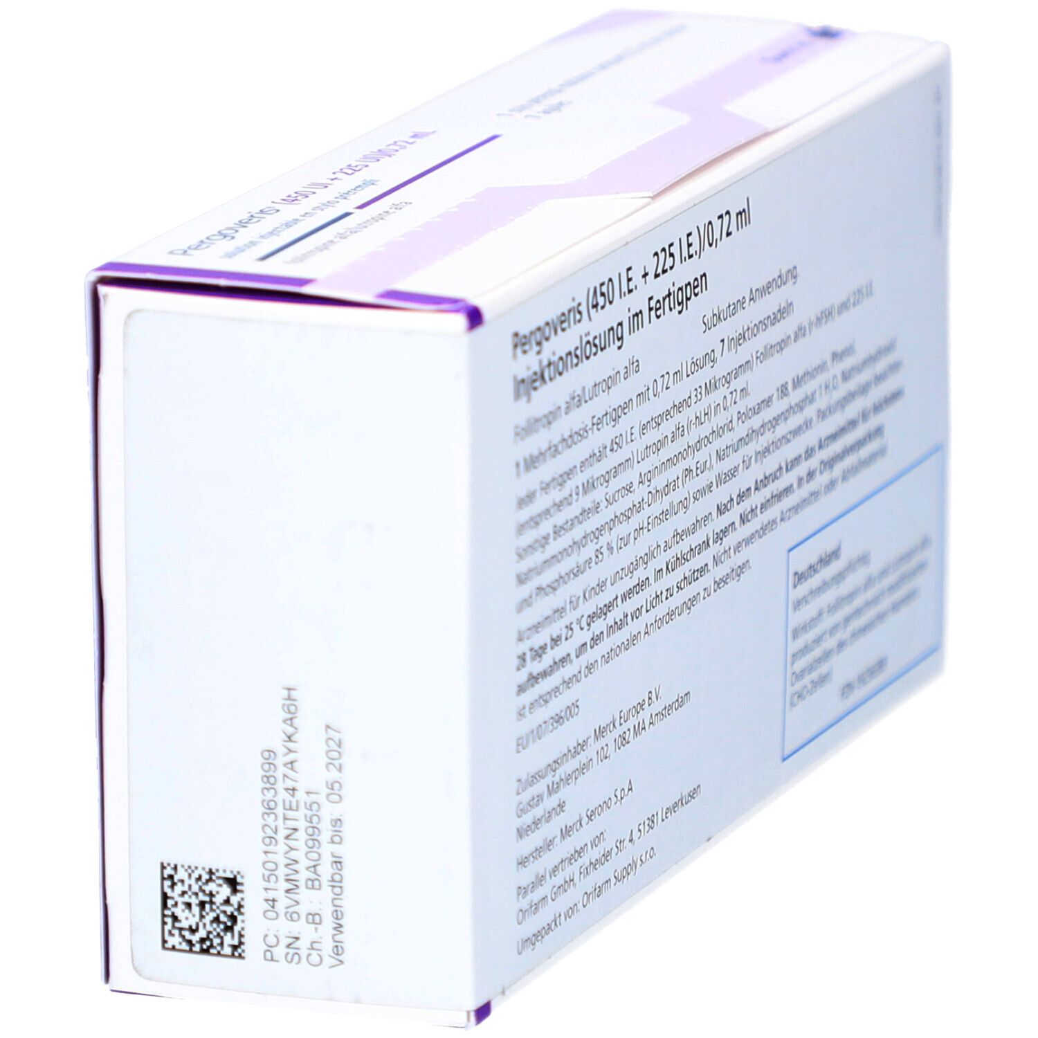 Schachtel PERGOVERIS, weiß mit lila Akzenten. Aufschrift: 450 IE + 225 IE/0,72 ml. QR-Code und Chargennummer.