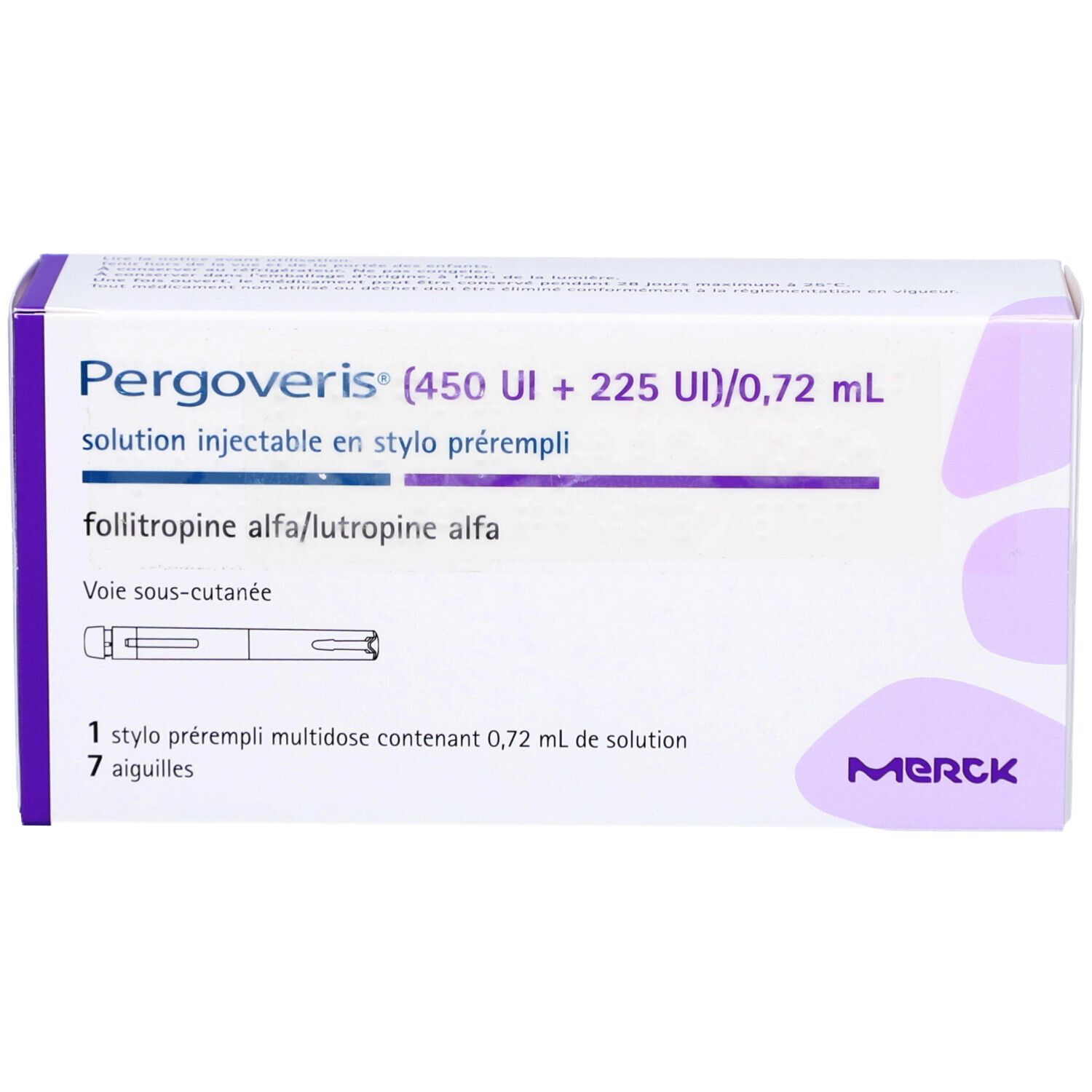 Schachtel mit PERGOVERIS. Enthält 7 Injektionsnadeln und einen Fertigpen. Aufschrift: 450 IE + 225 IE/0,72 ml.