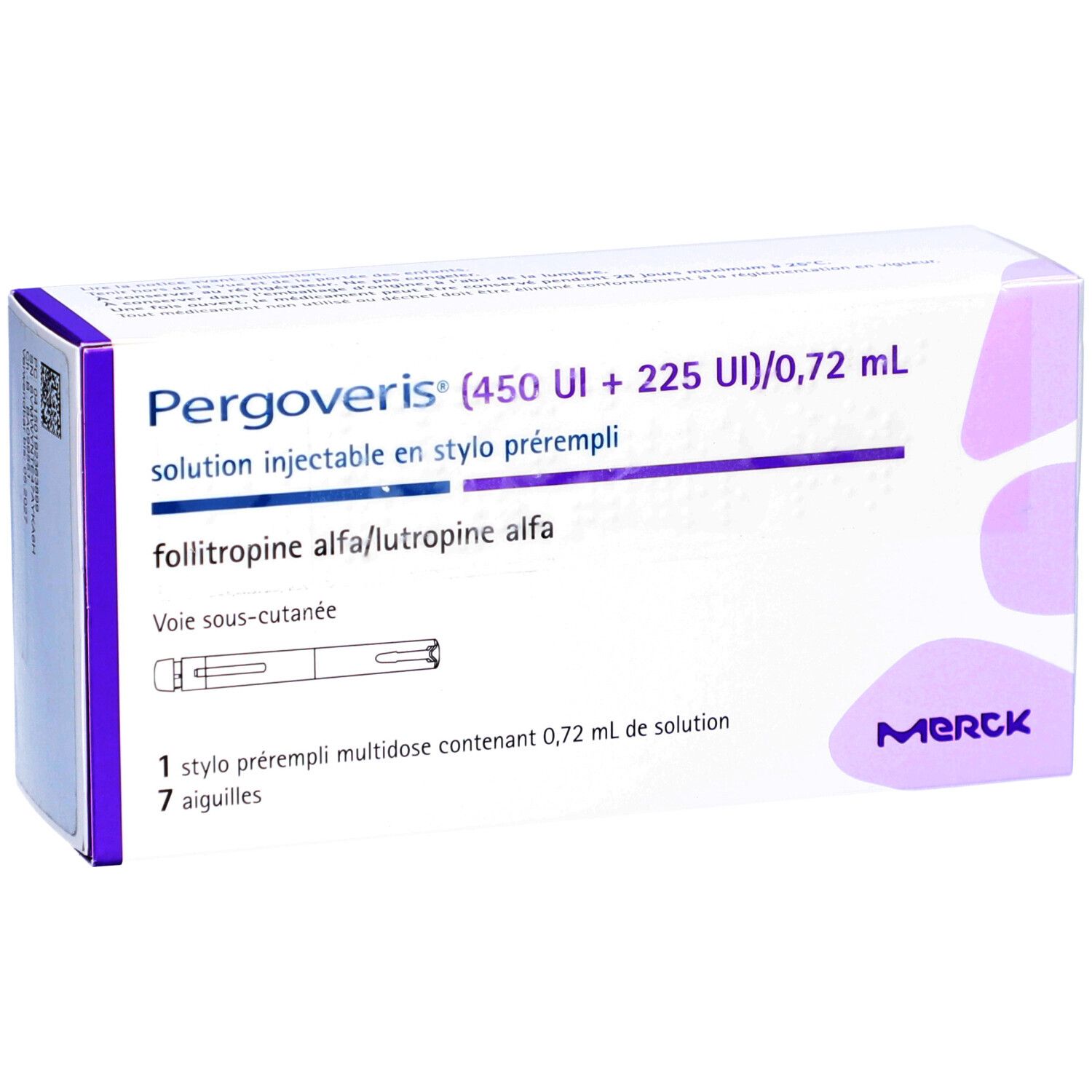 Schachtel mit PERGOVERIS. Enthält 7 Injektionsnadeln und einen Fertigpen. Aufschrift: 450 IE + 225 IE/0,72 ml. Merck-Logo.