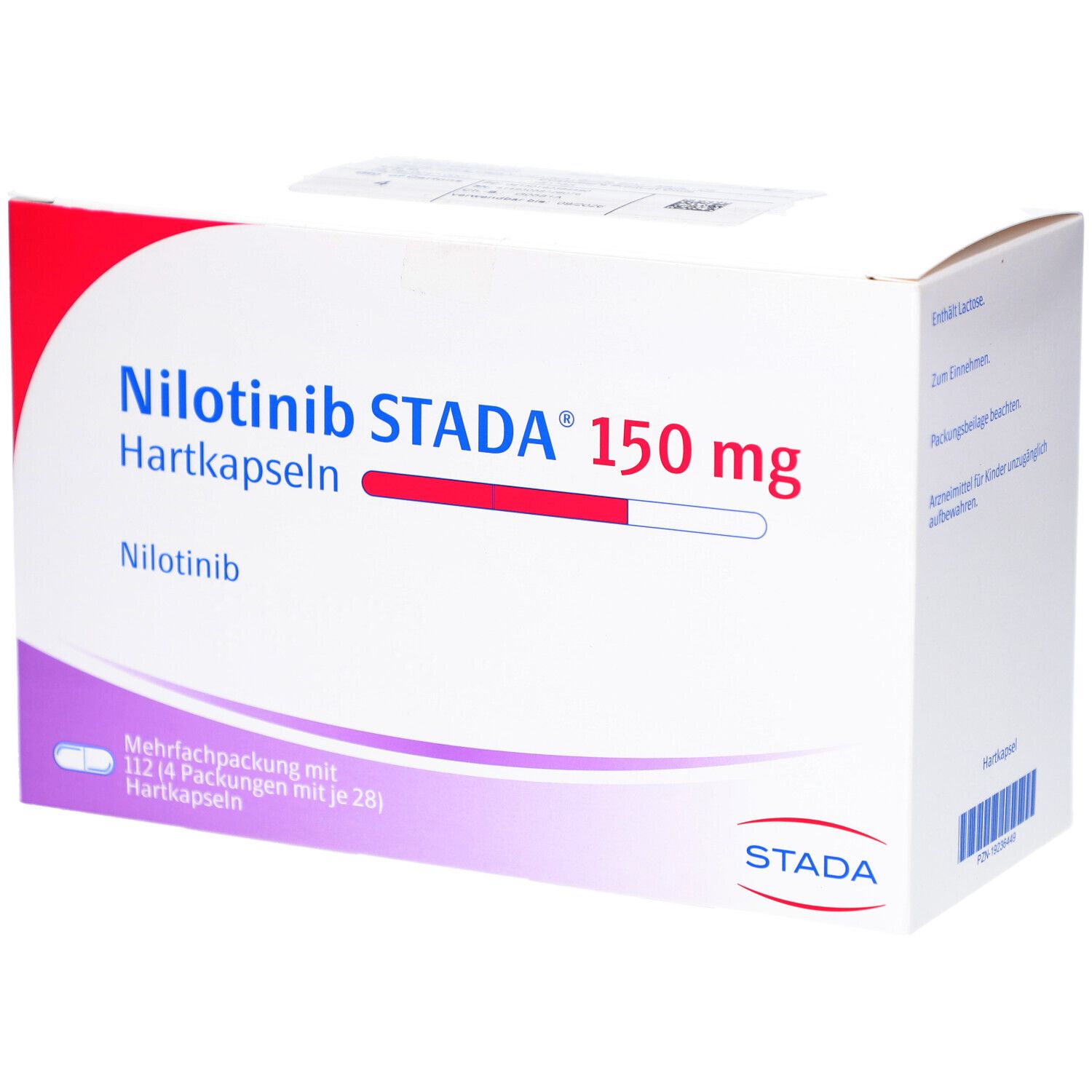 Schachtel NILOTINIB STADA 150 mg Hartkapseln. Weiß, rot und blau. STADA Logo. Mehrfachpackung mit 112 Hartkapseln.