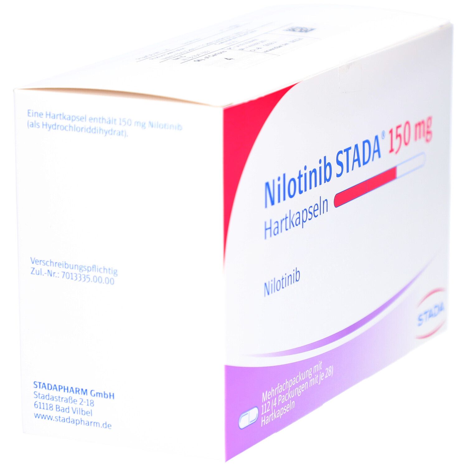 Schachtel NILOTINIB STADA 150 mg Hartkapseln. Weiß, rot und blau. STADA Logo. Mehrfachpackung mit 112 Hartkapseln.