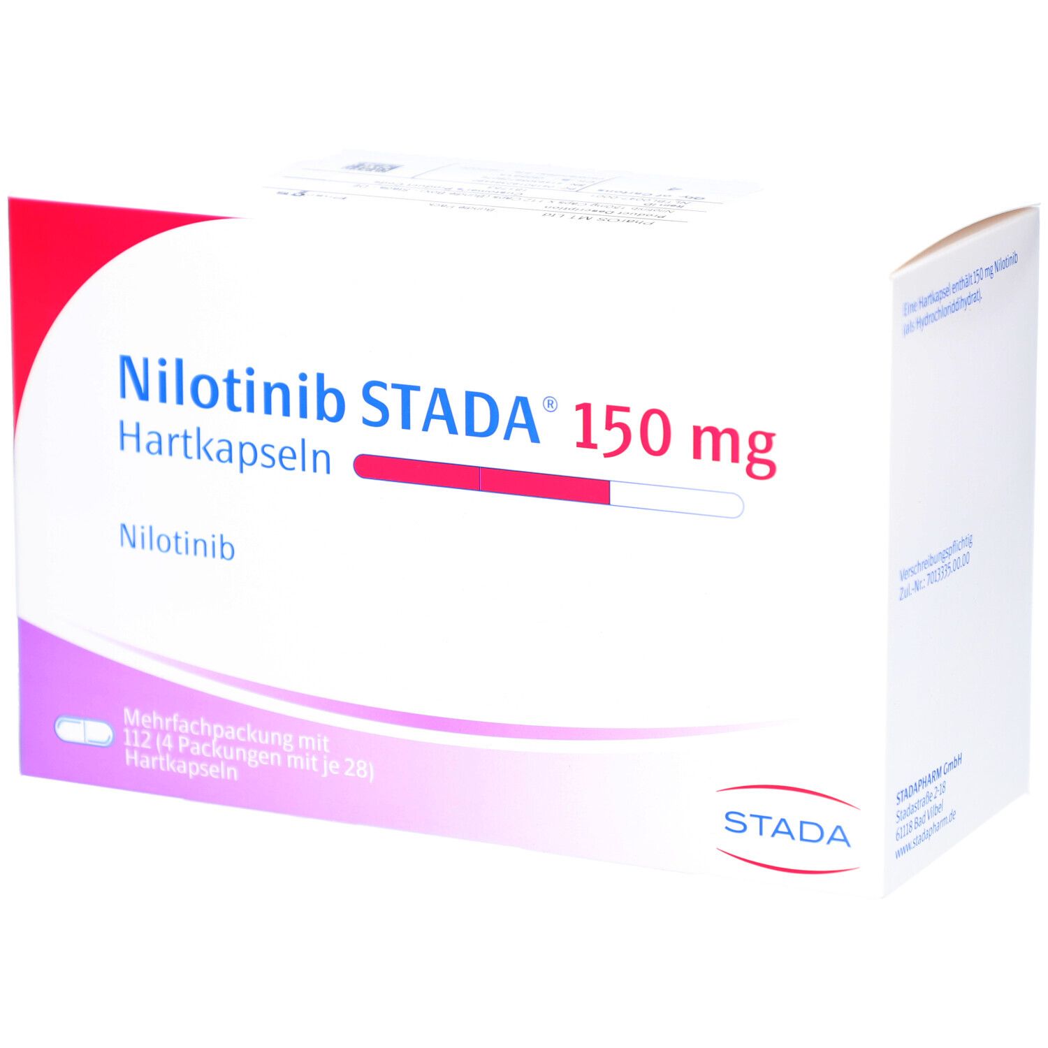 Schachtel NILOTINIB STADA 150 mg Hartkapseln. Weiß, rot und blau. STADA Logo. Mehrfachpackung mit 112 Hartkapseln.