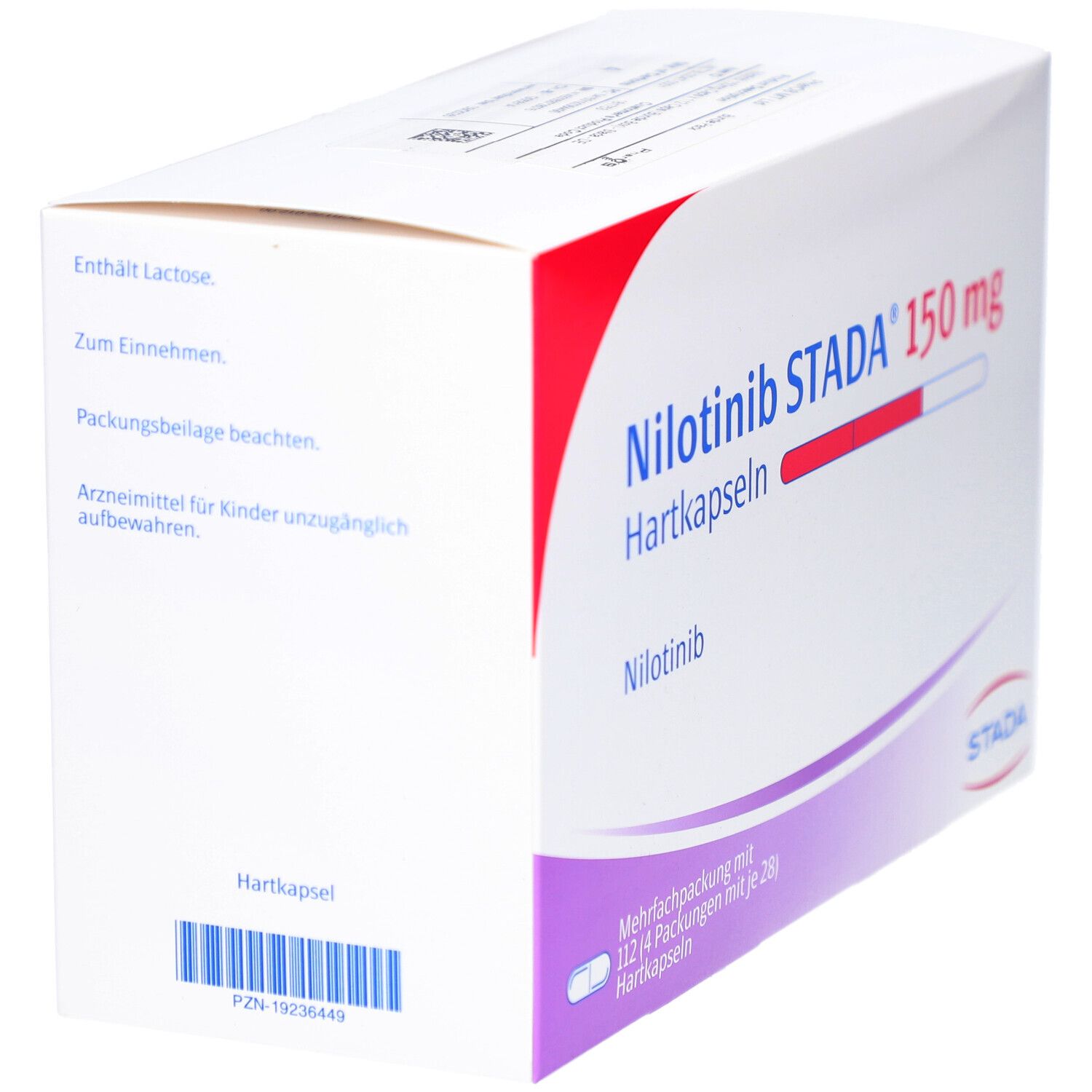 Schachtel NILOTINIB STADA 150 mg Hartkapseln. Weiß, rot und blau. STADA Logo. Mehrfachpackung mit 112 Hartkapseln.