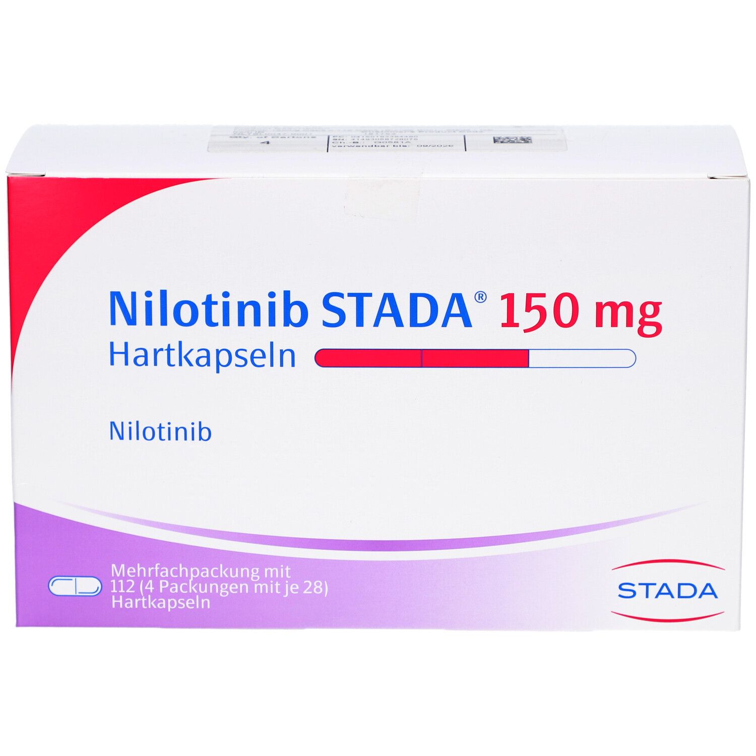 Schachtel NILOTINIB STADA 150 mg Hartkapseln. Weiß, rot und blau. STADA Logo. Mehrfachpackung mit 112 Hartkapseln.