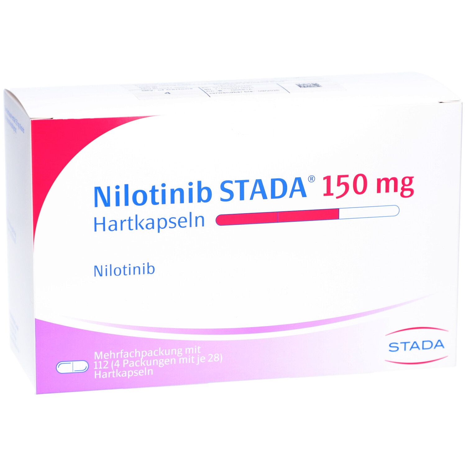 Schachtel NILOTINIB STADA 150 mg Hartkapseln. Weiß, rot und blau. STADA Logo. Mehrfachpackung mit 112 Hartkapseln.