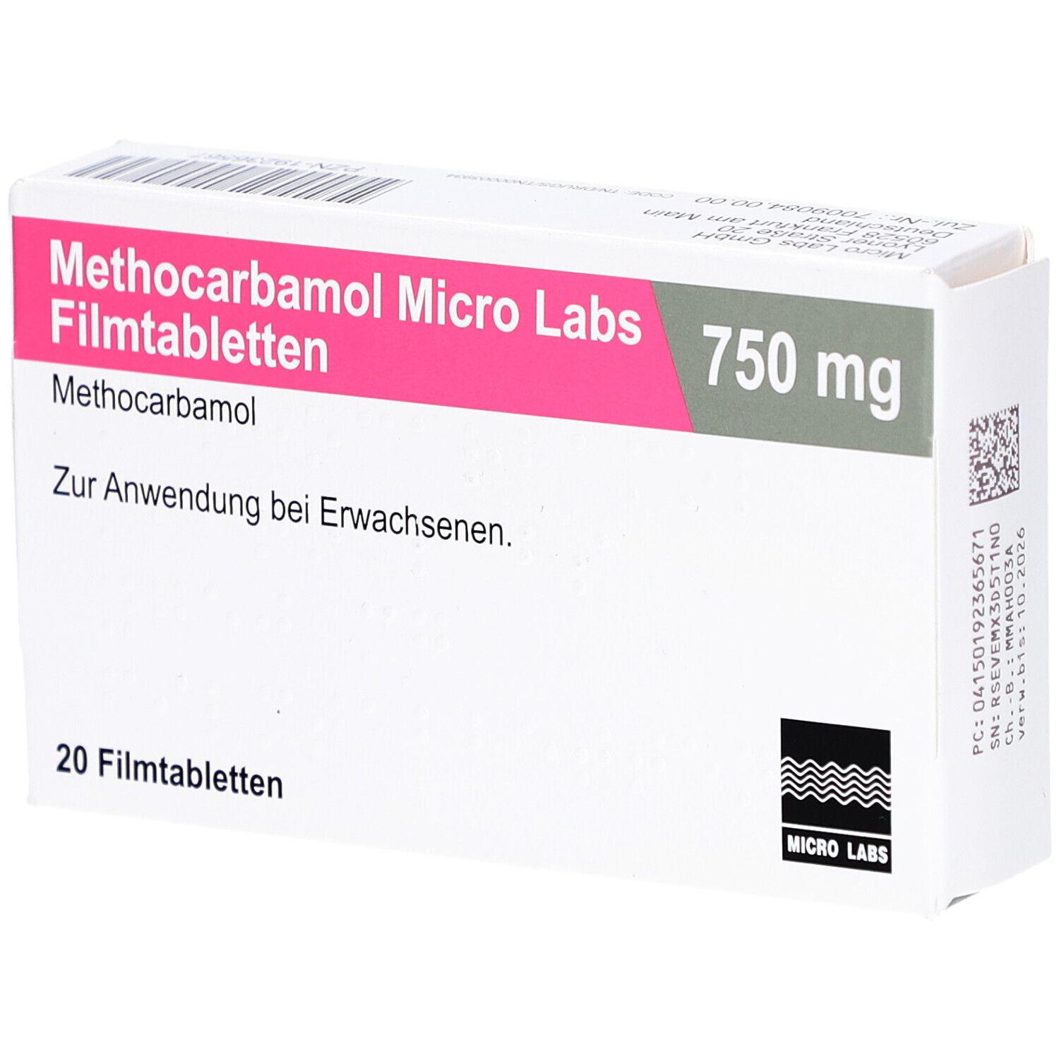 Schachtel mit "Methocarbamol Micro Labs 750 mg Filmtabletten". Rosa und weiße Verpackung. 20 Filmtabletten.