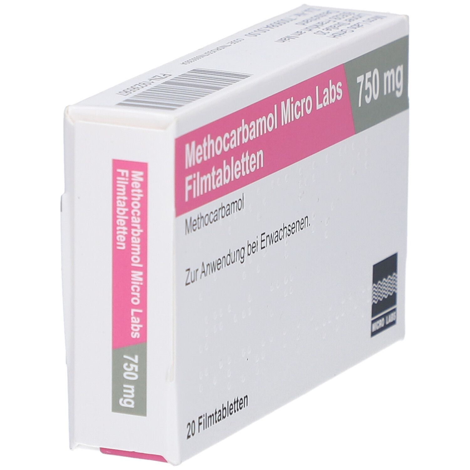 Schachtel "Methocarbamol Micro Labs 750 mg Filmtabletten". Rosa und weiße Verpackung. Seitenansicht. 20 Filmtabletten.