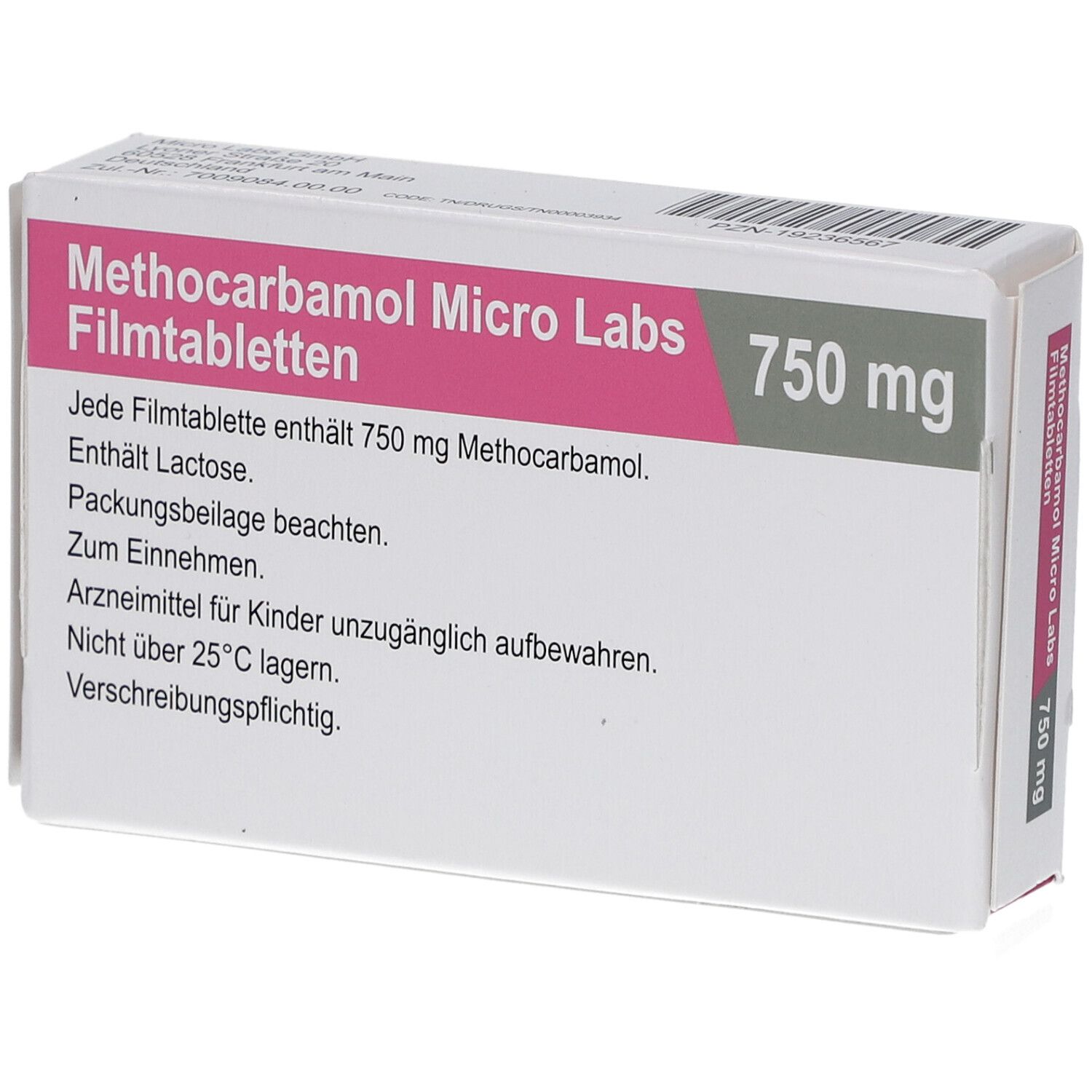 Schachtel "Methocarbamol Micro Labs 750 mg Filmtabletten". Text: Enthält Lactose. Nicht über 25°C lagern. Verschreibungspflichtig.