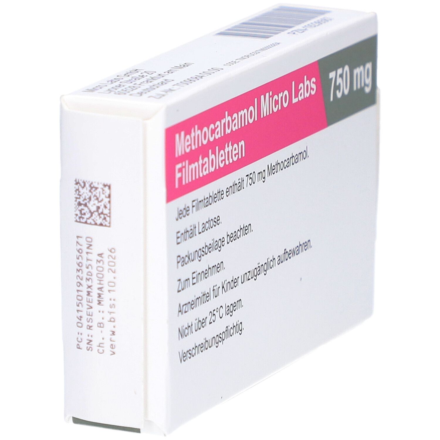 Schachtel "Methocarbamol Micro Labs 750 mg Filmtabletten". Text: Enthält Lactose. Nicht über 25°C lagern. Verschreibungspflichtig.