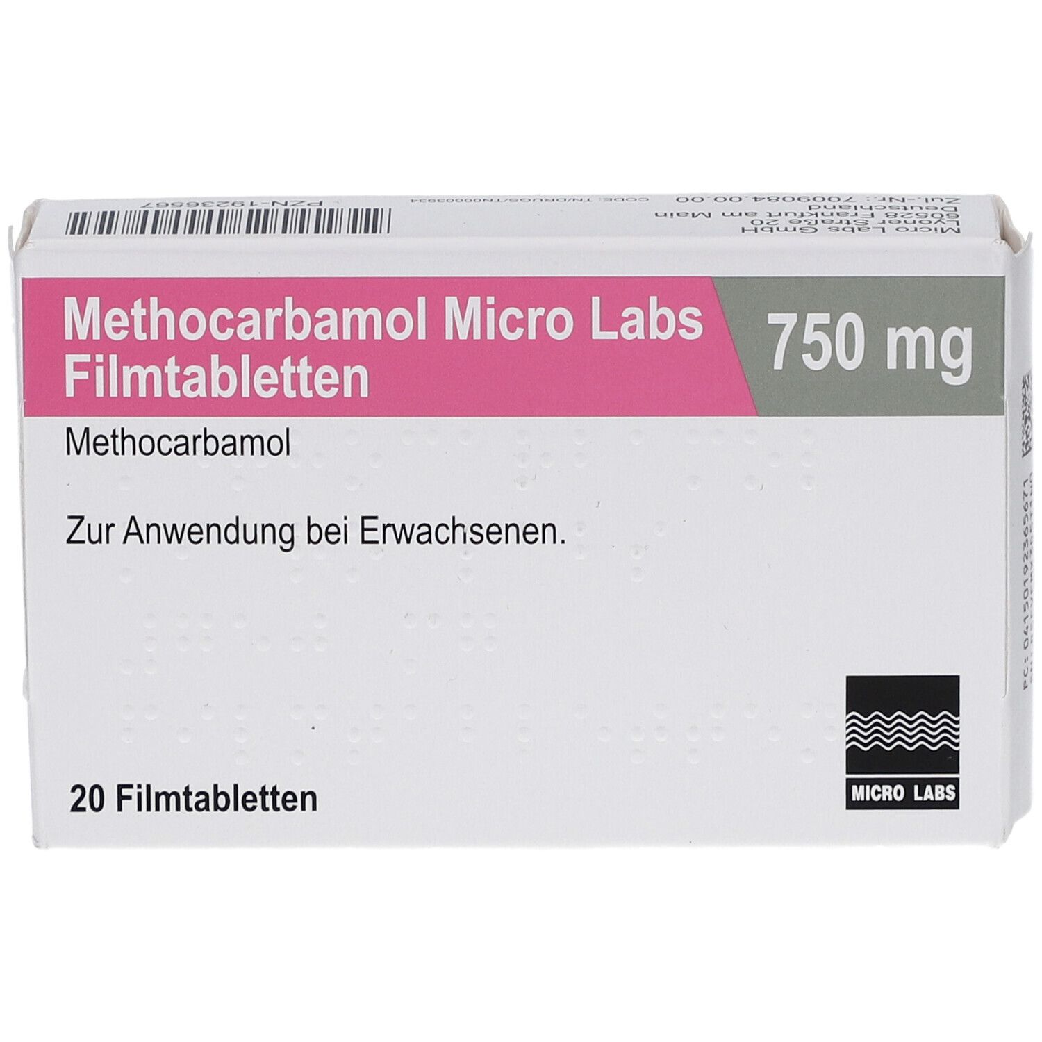 Schachtel "Methocarbamol Micro Labs 750 mg Filmtabletten". Rosa und weiße Verpackung. 20 Filmtabletten. Logo Micro Labs.