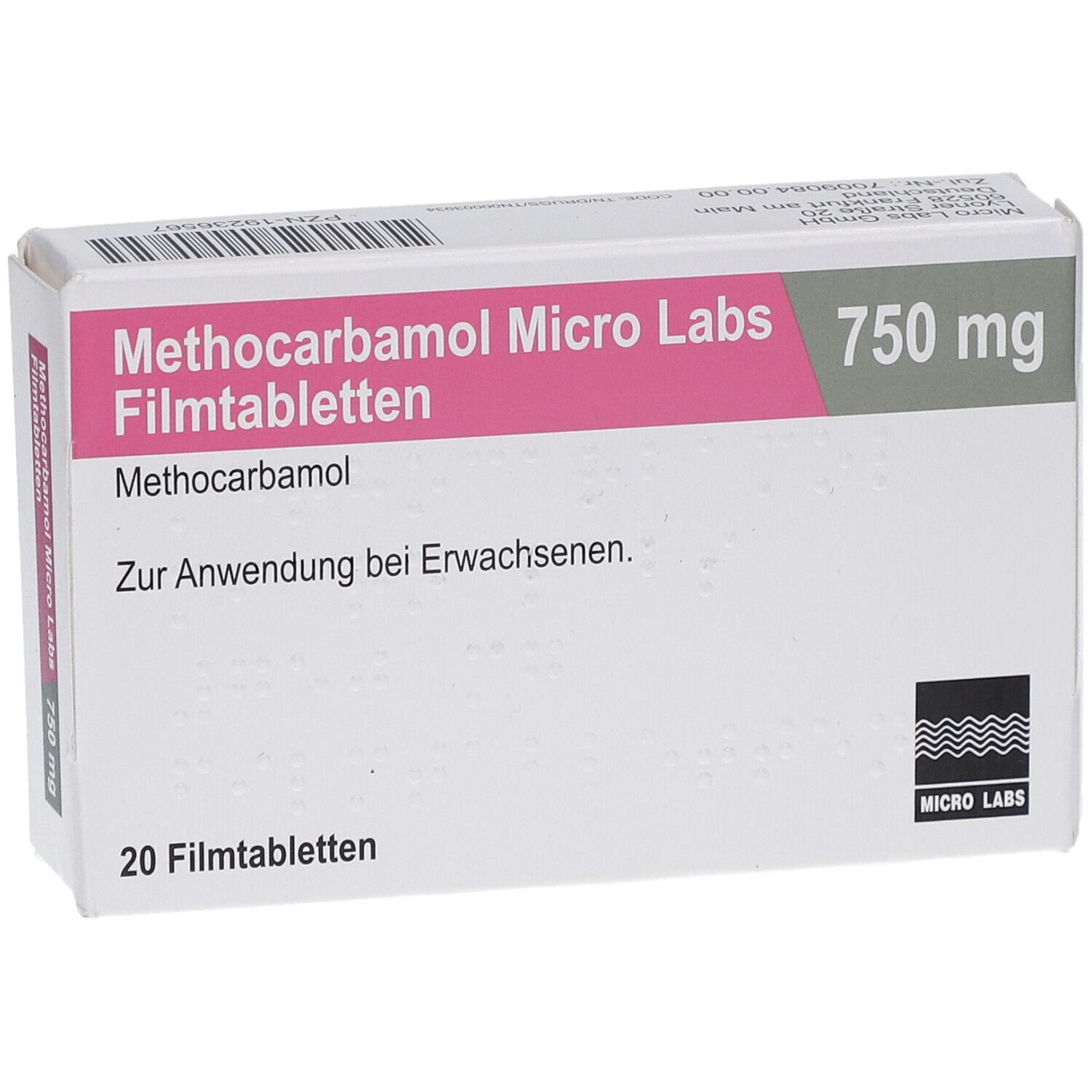 Schachtel "Methocarbamol Micro Labs 750 mg Filmtabletten". Rosa und weiße Verpackung. 20 Filmtabletten. Logo Micro Labs.