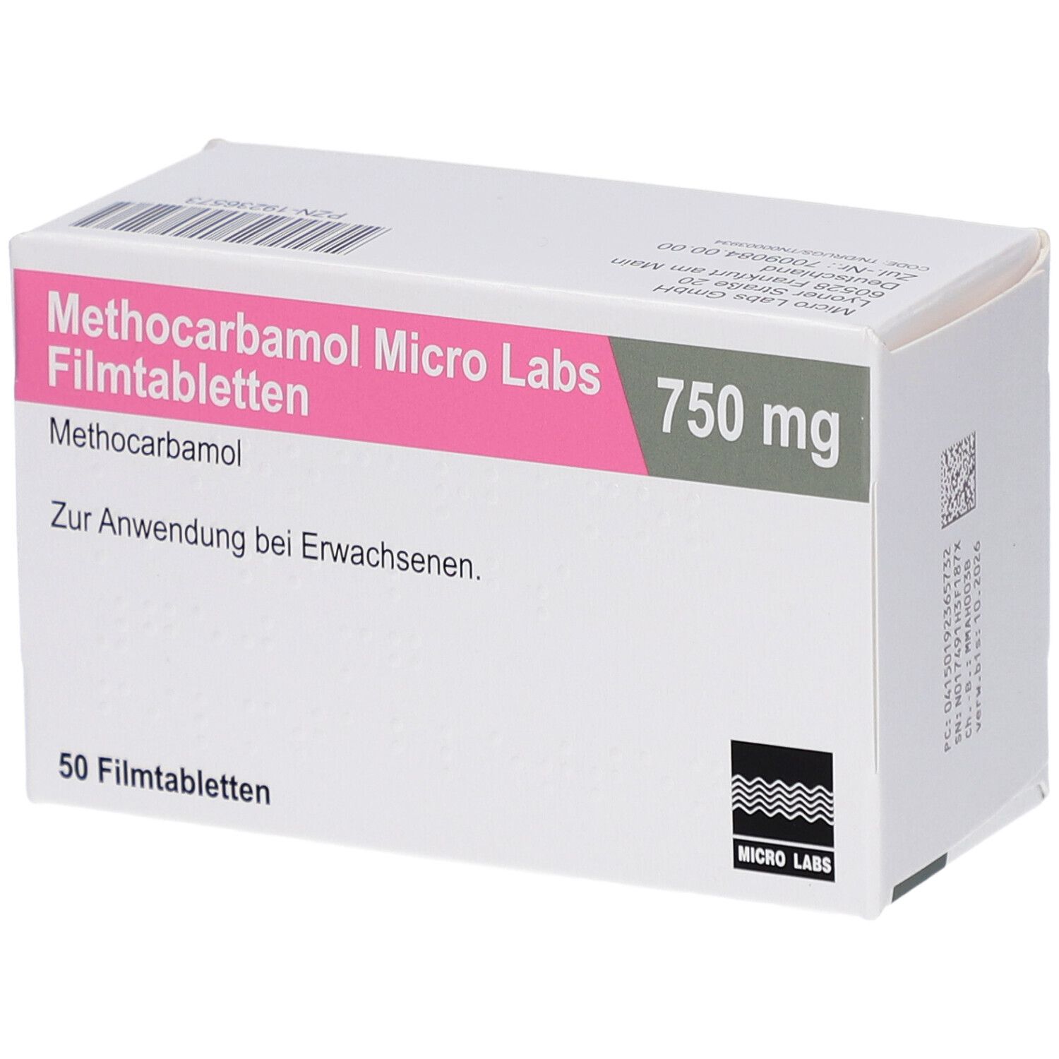 Weiße Schachtel mit rosa und grünem Streifen. Aufschrift: Methocarbamol Micro Labs 750 mg Filmtabletten. 50 Filmtabletten.