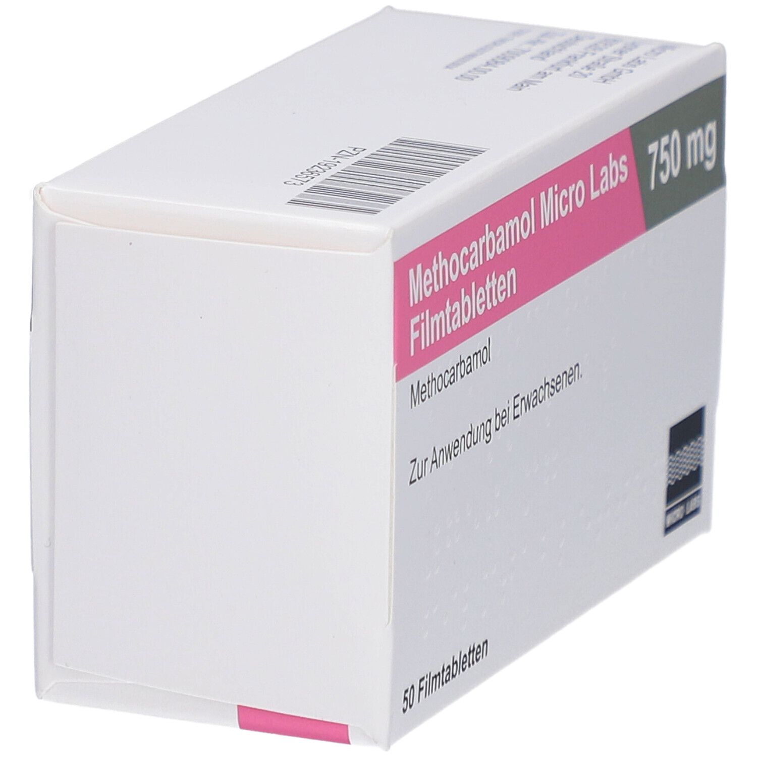 Weiße Schachtel, schräg gestellt. Aufschrift: Methocarbamol Micro Labs 750 mg Filmtabletten. Logo Micro Labs.